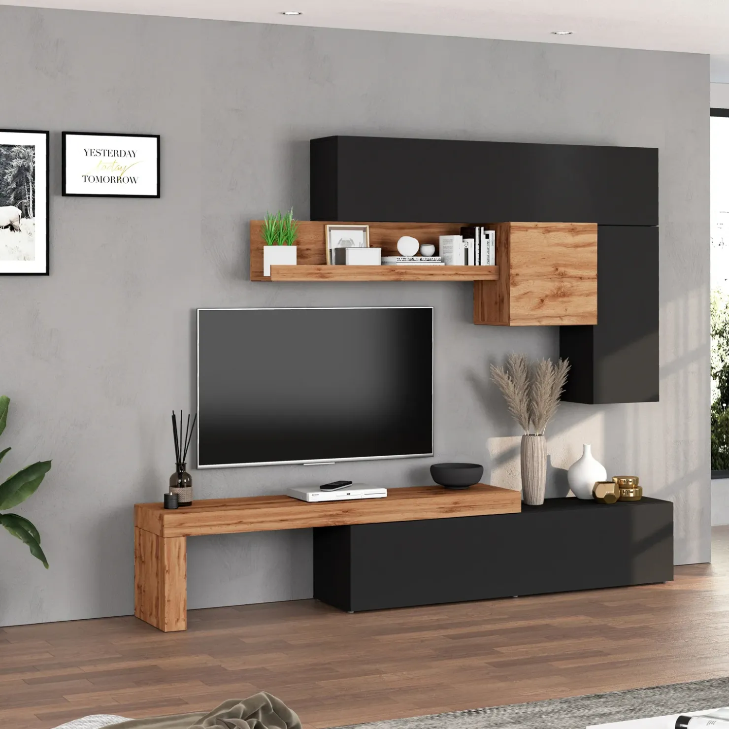 Garnero Arredamenti Parete attrezzata 270x200h cm antracite rovere Block 2 Antracite - Rovere Discount