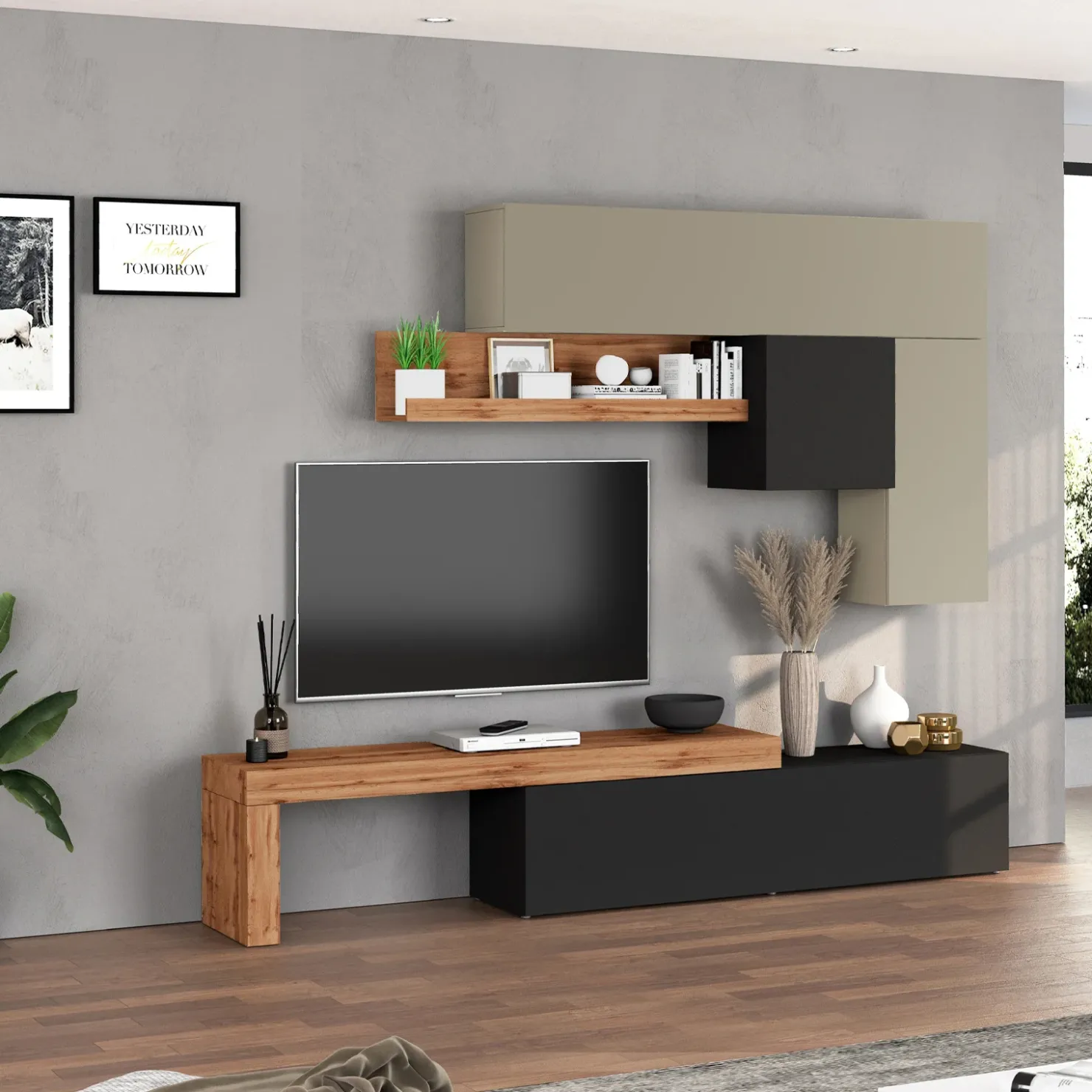 Garnero Arredamenti Parete attrezzata 270x200h cm antracite tortora rovere Block 2 Tortora - Antracite New