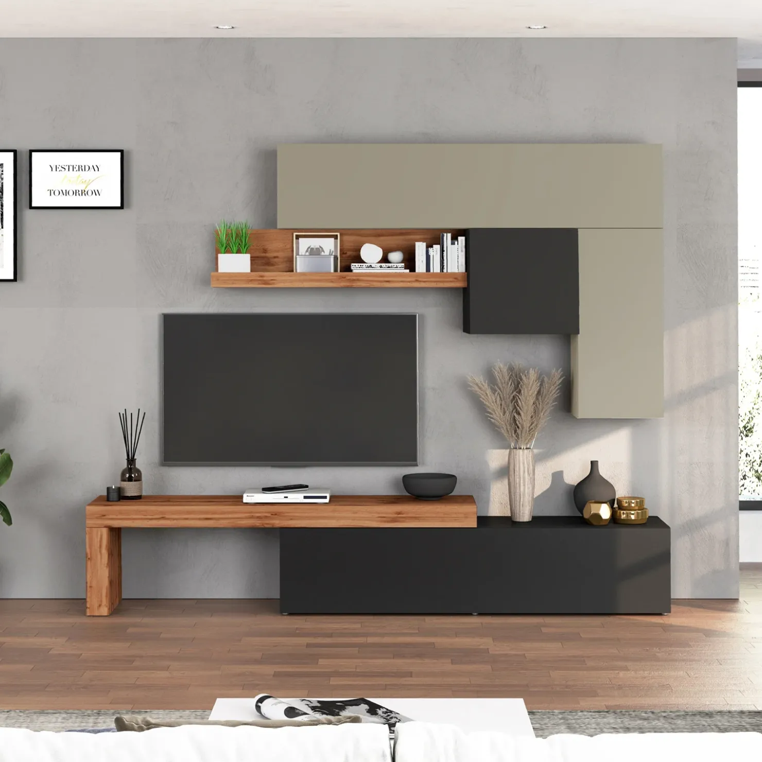 Garnero Arredamenti Parete attrezzata 270x200h cm antracite tortora rovere Block 2 Tortora - Antracite New