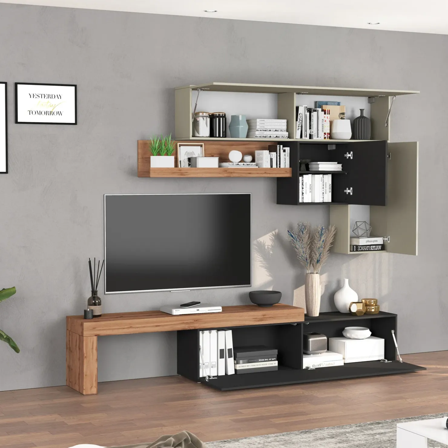 Garnero Arredamenti Parete attrezzata 270x200h cm antracite tortora rovere Block 2 Tortora - Antracite New