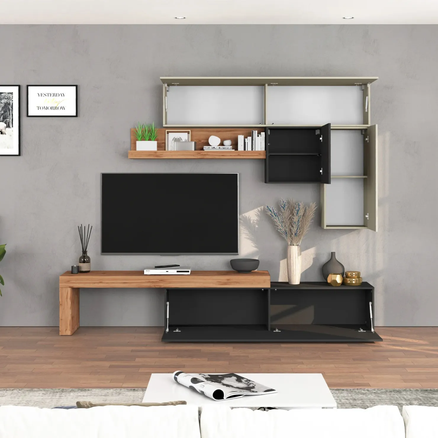 Garnero Arredamenti Parete attrezzata 270x200h cm antracite tortora rovere Block 2 Tortora - Antracite New