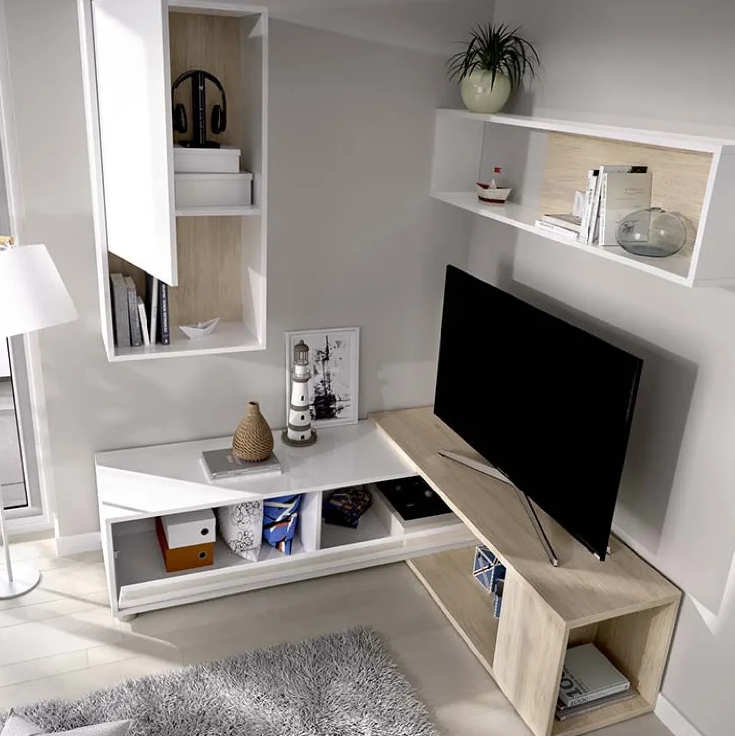 Garnero Arredamenti Parete attrezzata 180x220h cm angolare moderna rovere bianco lucido Flip Best