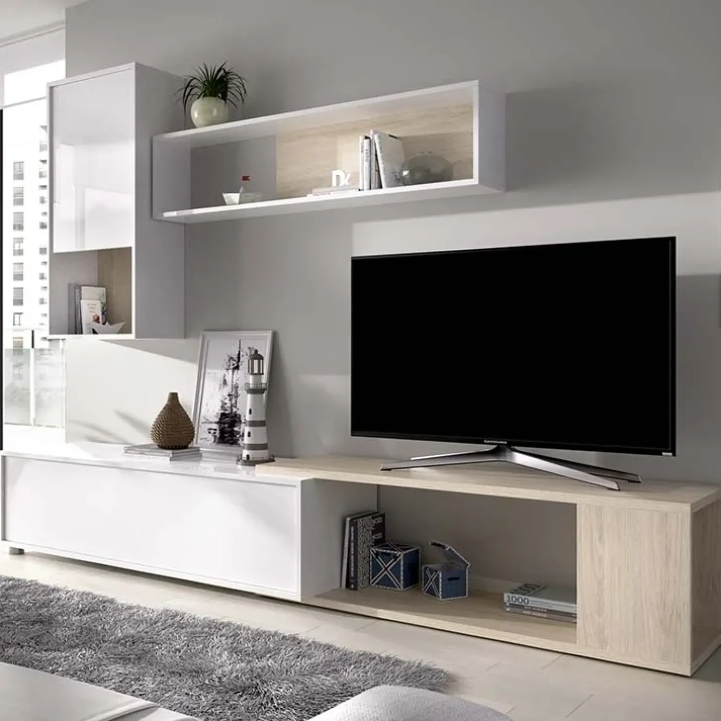 Garnero Arredamenti Parete attrezzata 180x220h cm angolare moderna rovere bianco lucido Flip Best