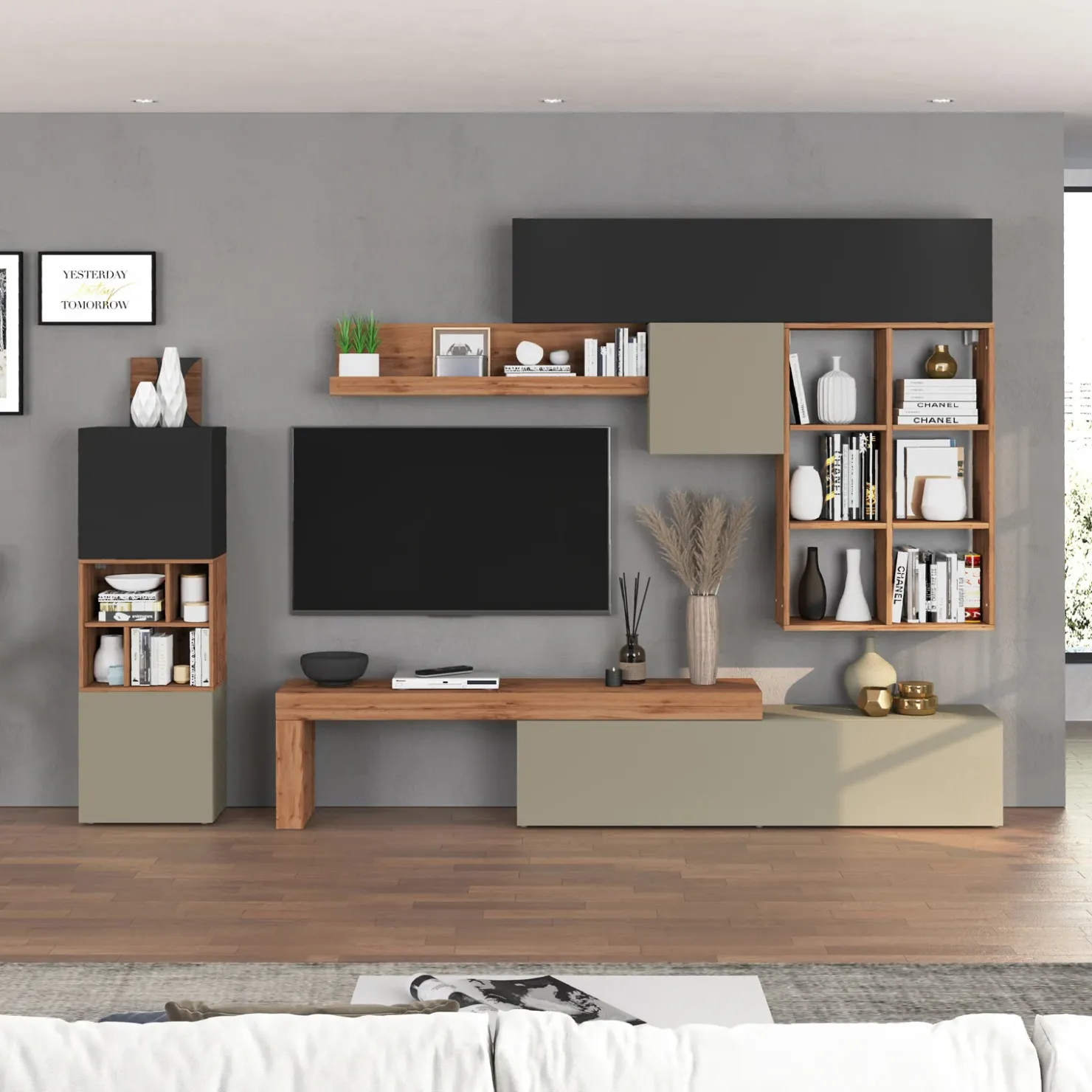 Garnero Arredamenti Parete attrezzata 350x200h cm antracite tortora rovere Block 3 Tortora - Antracite Discount