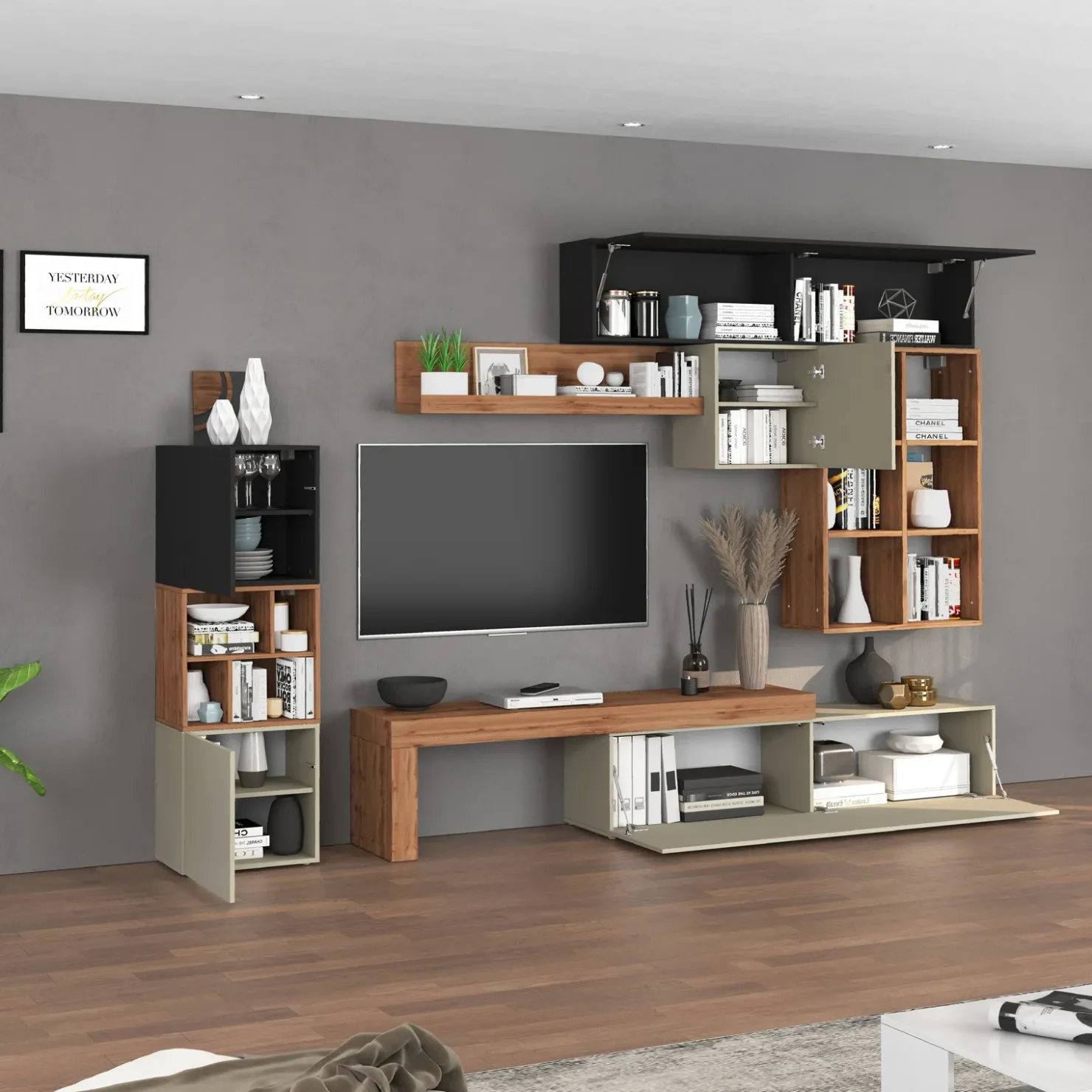 Garnero Arredamenti Parete attrezzata 350x200h cm antracite tortora rovere Block 3 Tortora - Antracite Discount