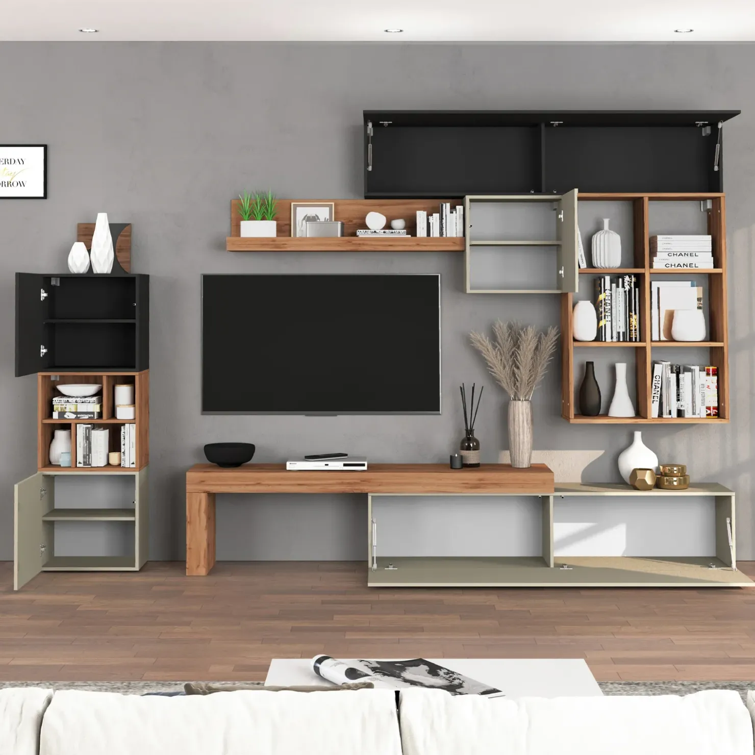 Garnero Arredamenti Parete attrezzata 350x200h cm antracite tortora rovere Block 3 Tortora - Antracite Discount