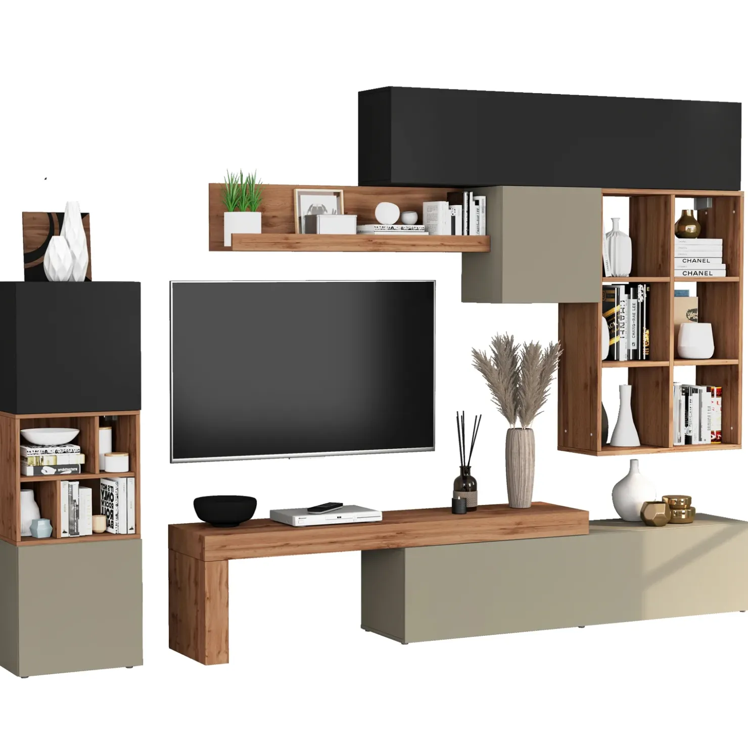 Garnero Arredamenti Parete attrezzata 350x200h cm antracite tortora rovere Block 3 Tortora - Antracite Discount