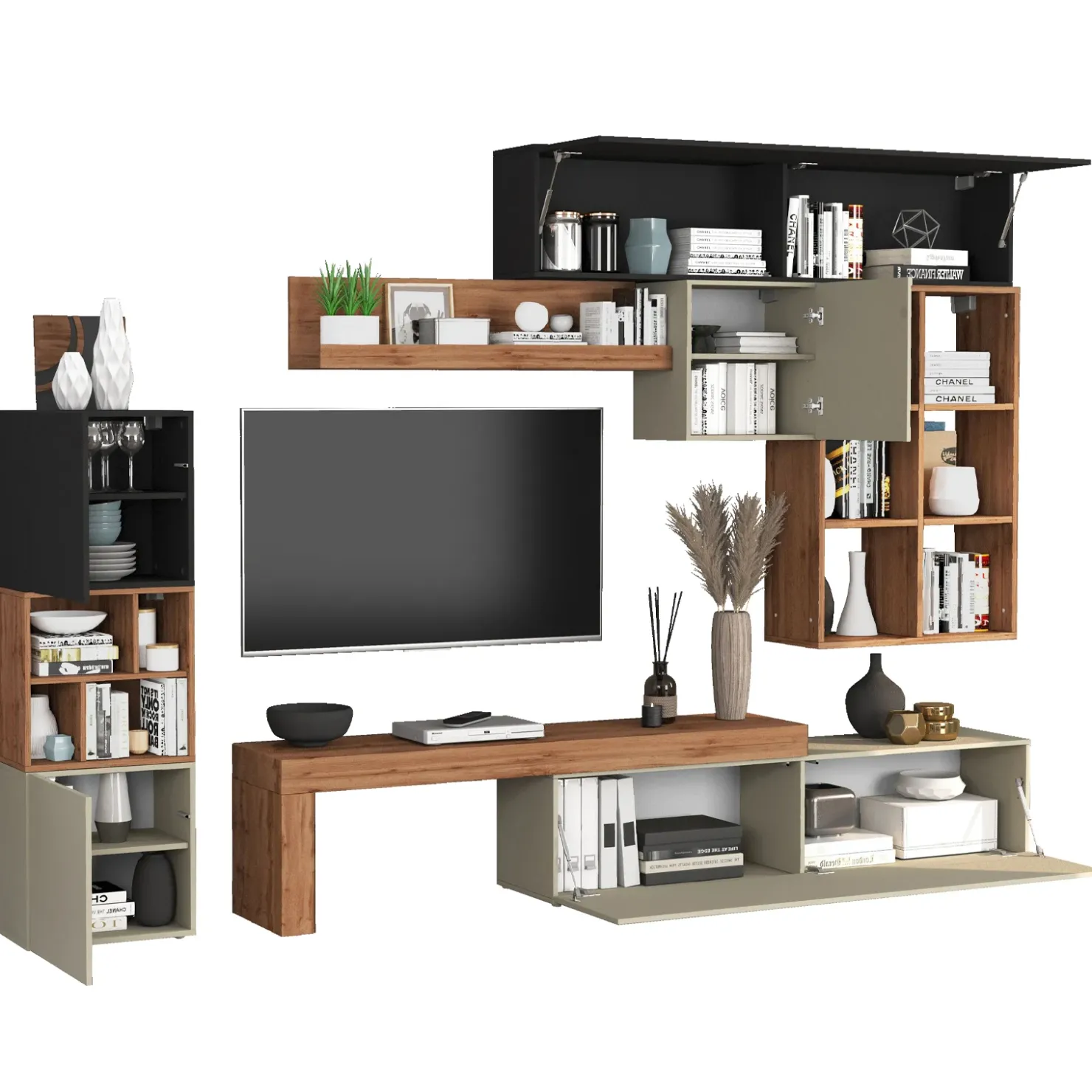 Garnero Arredamenti Parete attrezzata 350x200h cm antracite tortora rovere Block 3 Tortora - Antracite Discount