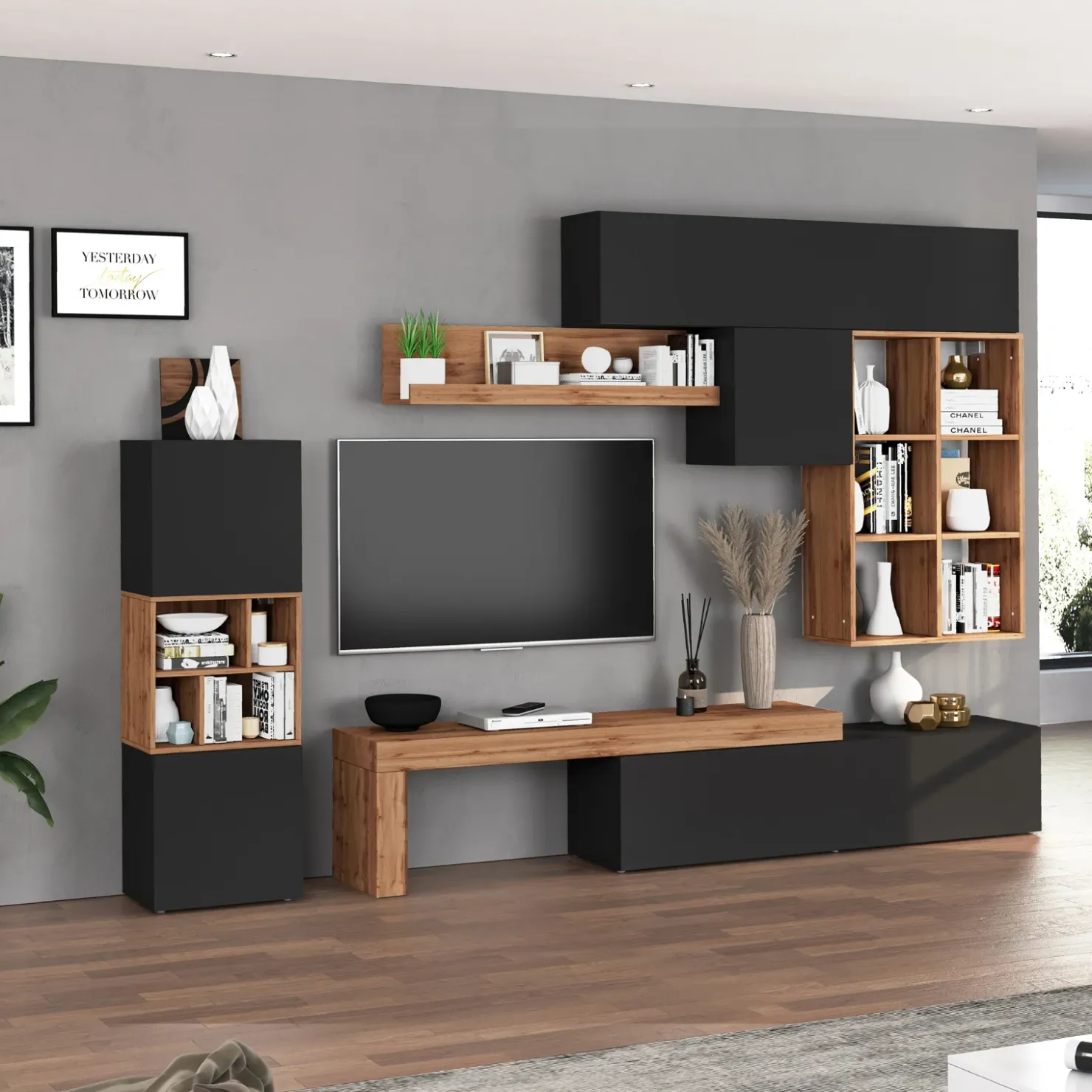Garnero Arredamenti Parete attrezzata 350x200h cm antracite rovere Block 3 Antracite - Rovere Online