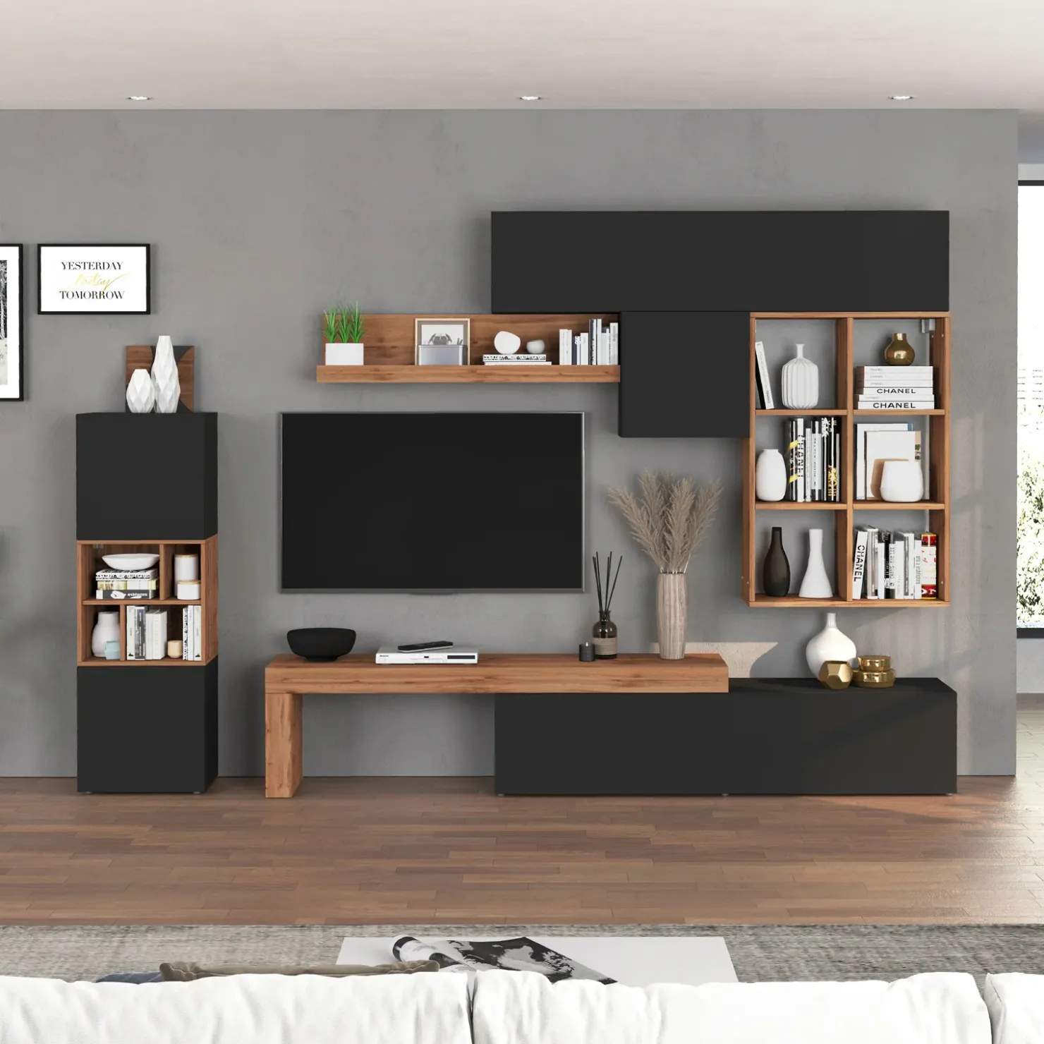 Garnero Arredamenti Parete attrezzata 350x200h cm antracite rovere Block 3 Antracite - Rovere Online