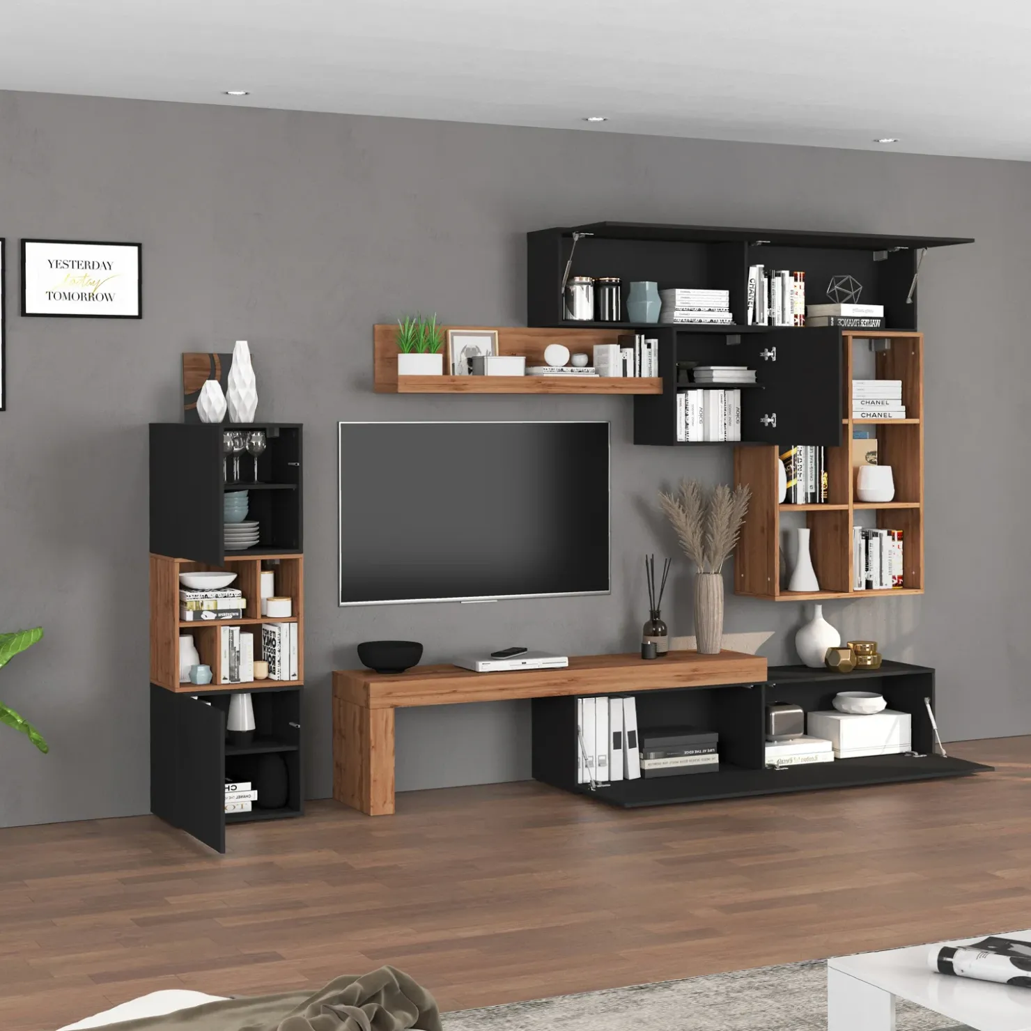 Garnero Arredamenti Parete attrezzata 350x200h cm antracite rovere Block 3 Antracite - Rovere Online