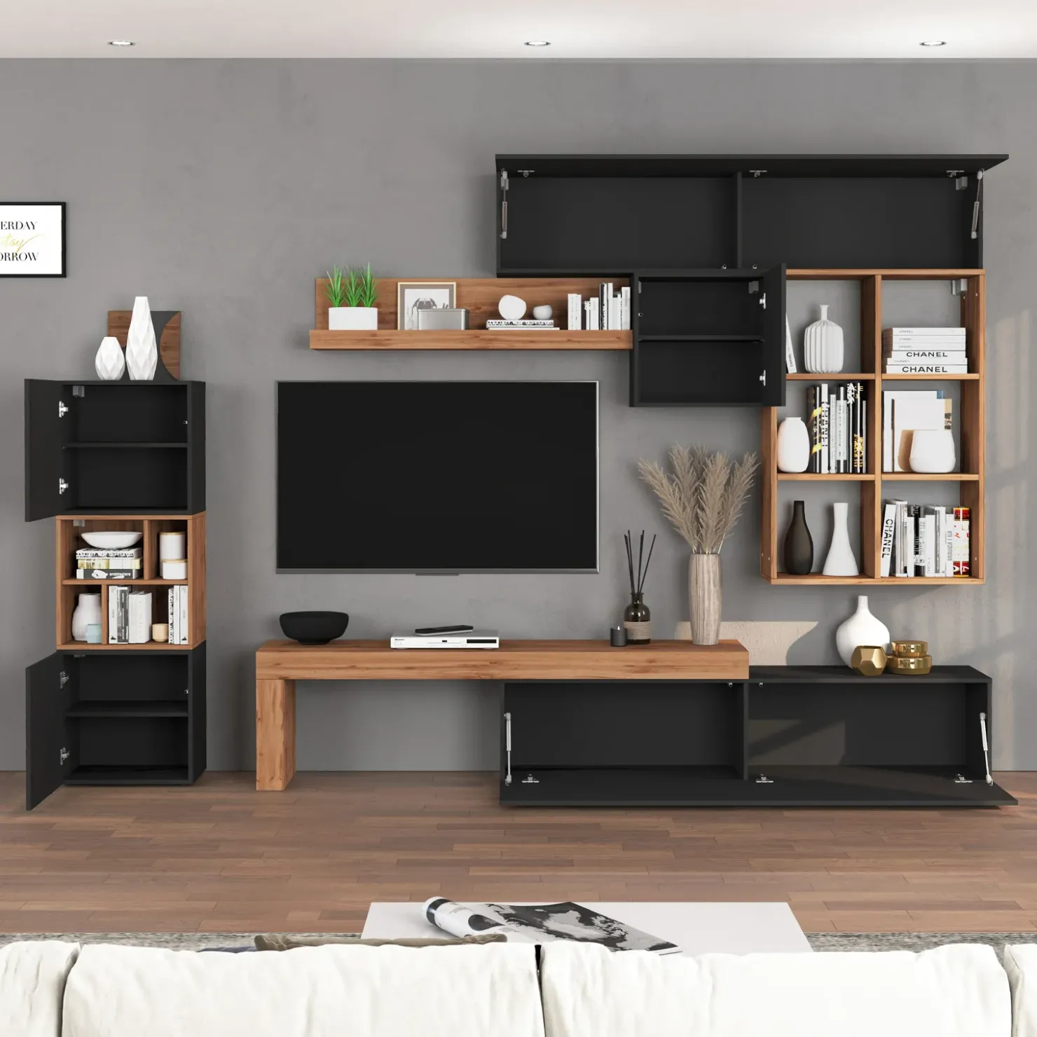 Garnero Arredamenti Parete attrezzata 350x200h cm antracite rovere Block 3 Antracite - Rovere Online