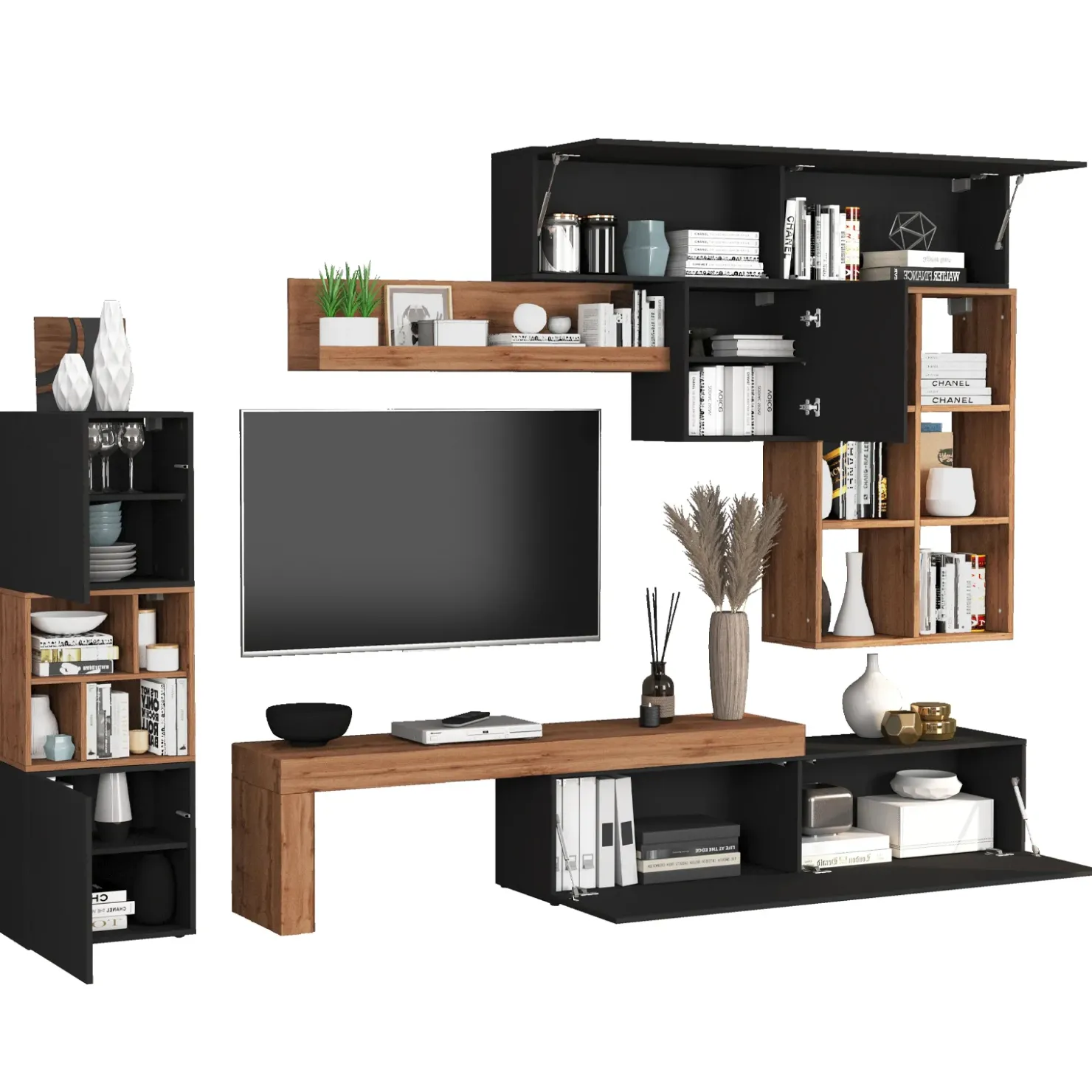 Garnero Arredamenti Parete attrezzata 350x200h cm antracite rovere Block 3 Antracite - Rovere Online