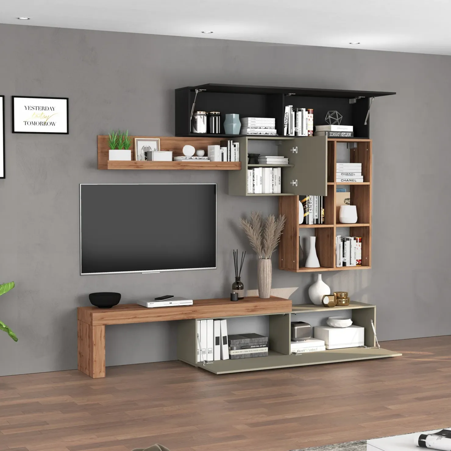 Garnero Arredamenti Parete attrezzata 270x200h cm antracite tortora rovere Block 4 Tortora - Antracite Sale