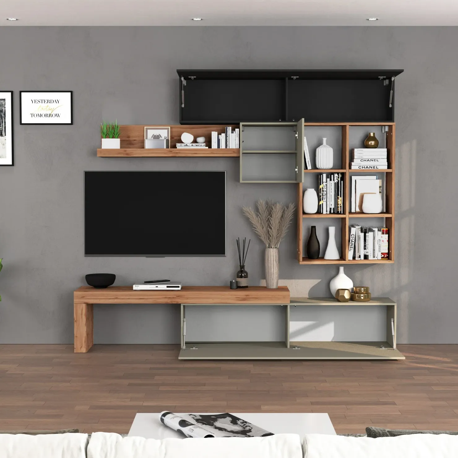 Garnero Arredamenti Parete attrezzata 270x200h cm antracite tortora rovere Block 4 Tortora - Antracite Sale