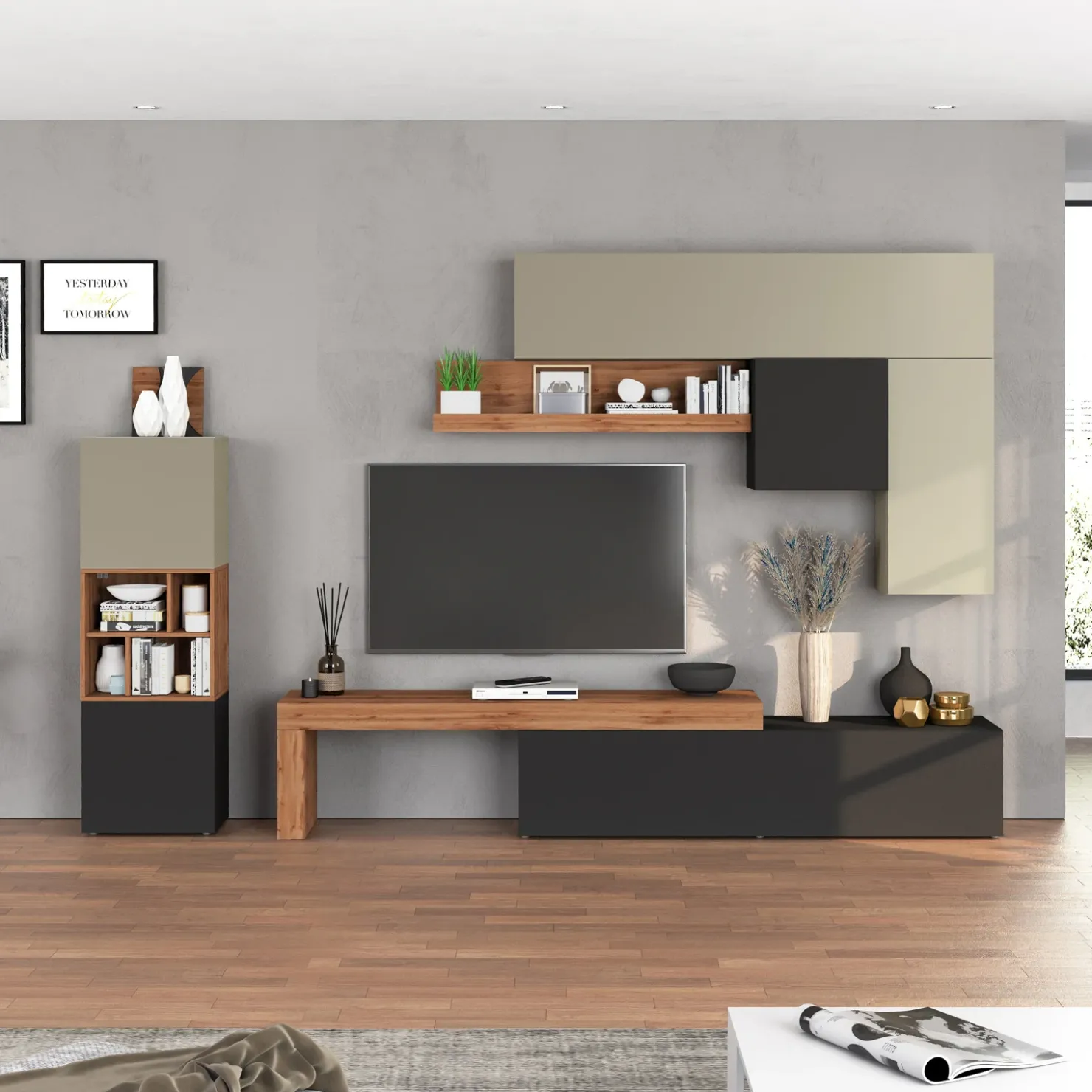 Garnero Arredamenti Parete attrezzata 350x200h cm antracite tortora rovere Block 1 Tortora - Antracite Outlet