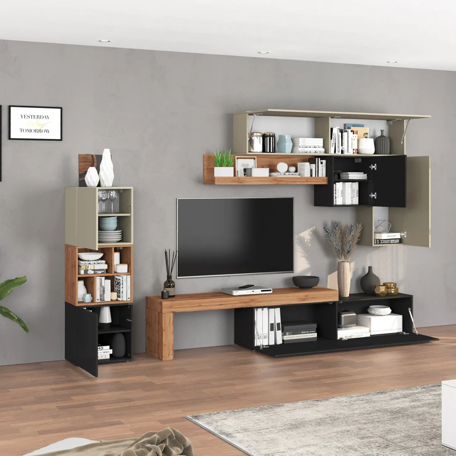 Garnero Arredamenti Parete attrezzata 350x200h cm antracite tortora rovere Block 1 Tortora - Antracite Outlet