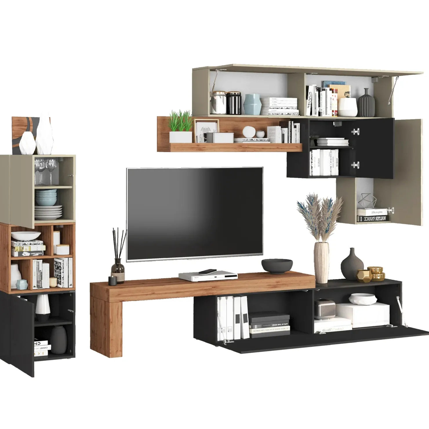 Garnero Arredamenti Parete attrezzata 350x200h cm antracite tortora rovere Block 1 Tortora - Antracite Outlet