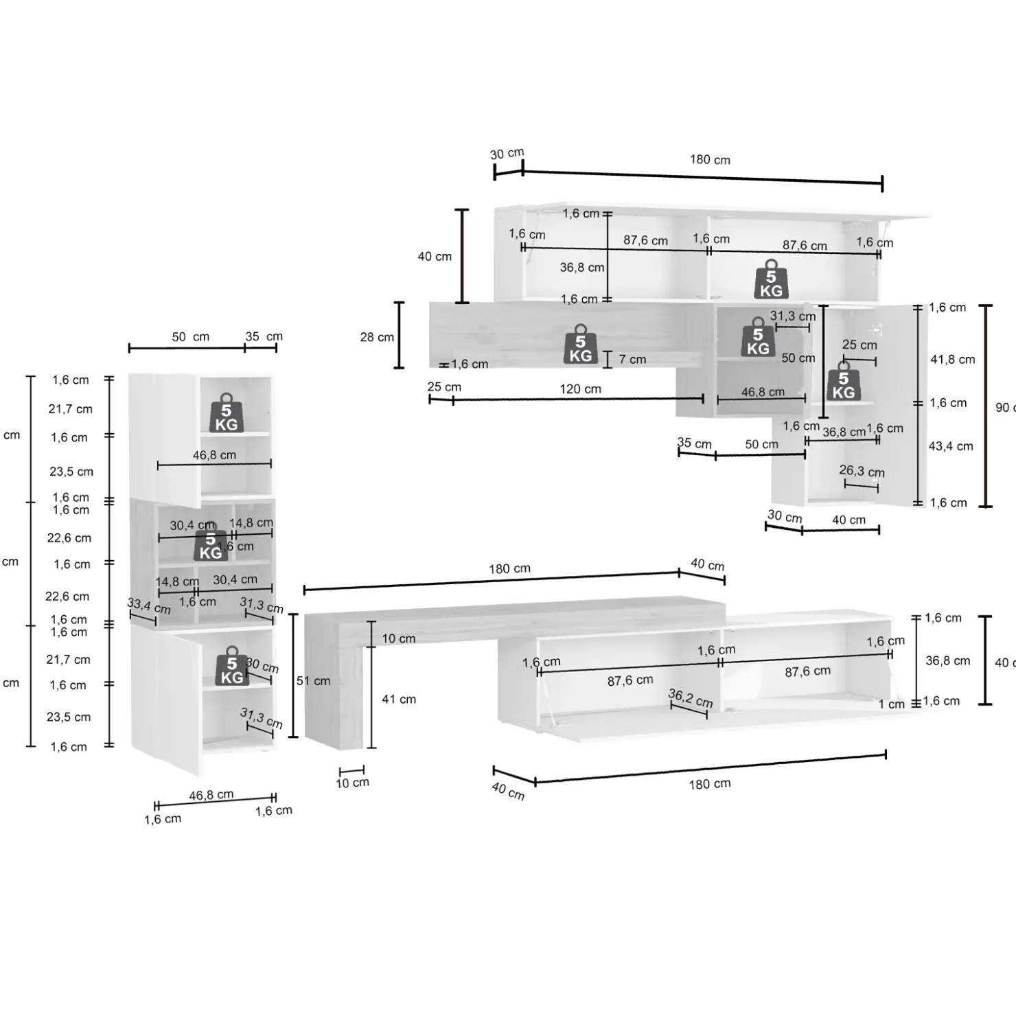 Garnero Arredamenti Parete attrezzata 350x200h cm antracite tortora rovere Block 1 Tortora - Antracite Outlet