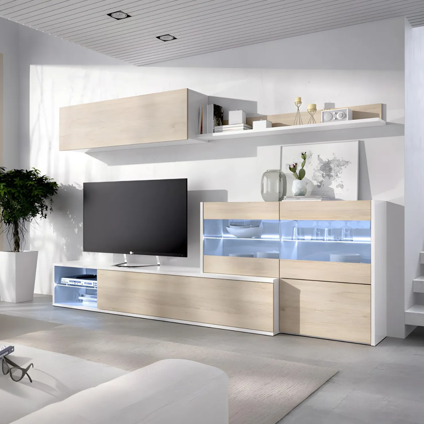 Garnero Arredamenti Parete attrezzata 260x183h cm angolare reversibile con led rovere bianco lucido Emily Outlet