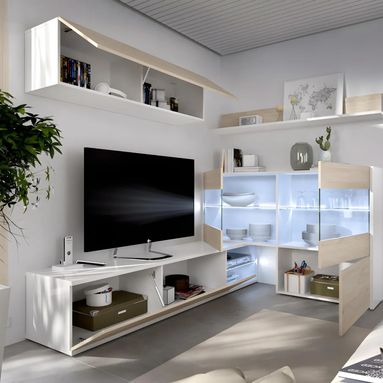 Garnero Arredamenti Parete attrezzata 260x183h cm angolare reversibile con led rovere bianco lucido Emily Outlet