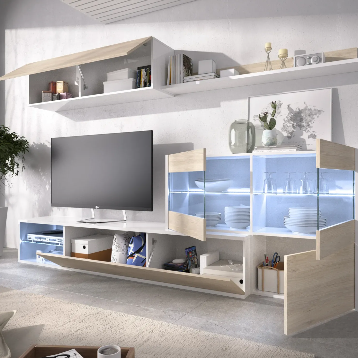 Garnero Arredamenti Parete attrezzata 260x183h cm angolare reversibile con led rovere bianco lucido Emily Outlet