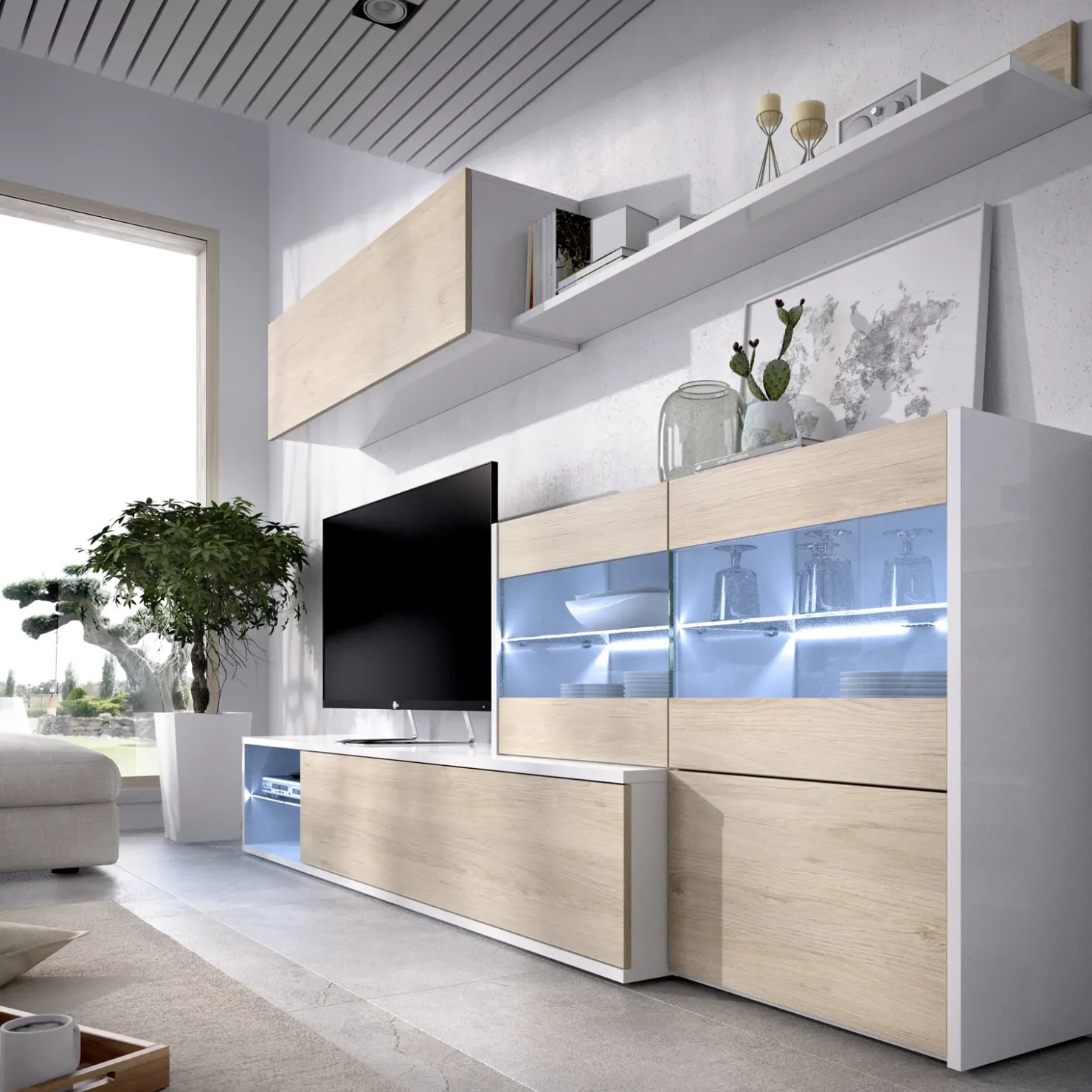 Garnero Arredamenti Parete attrezzata 260x183h cm angolare reversibile con led rovere bianco lucido Emily Outlet