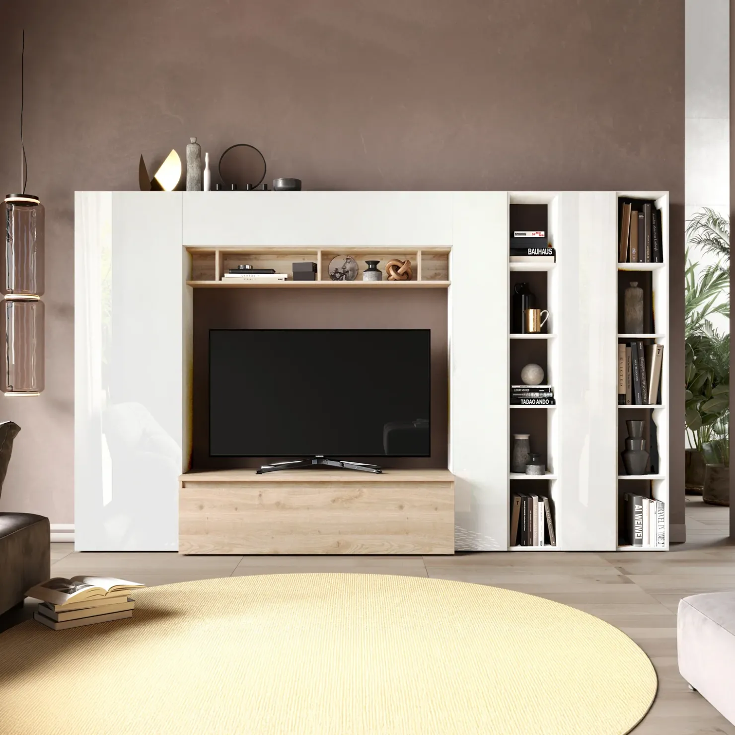 Garnero Arredamenti Parete attrezzata 305x186h cm bianco lucido rovere chiaro Sunset 36 Rovere - Bianco Lucido New