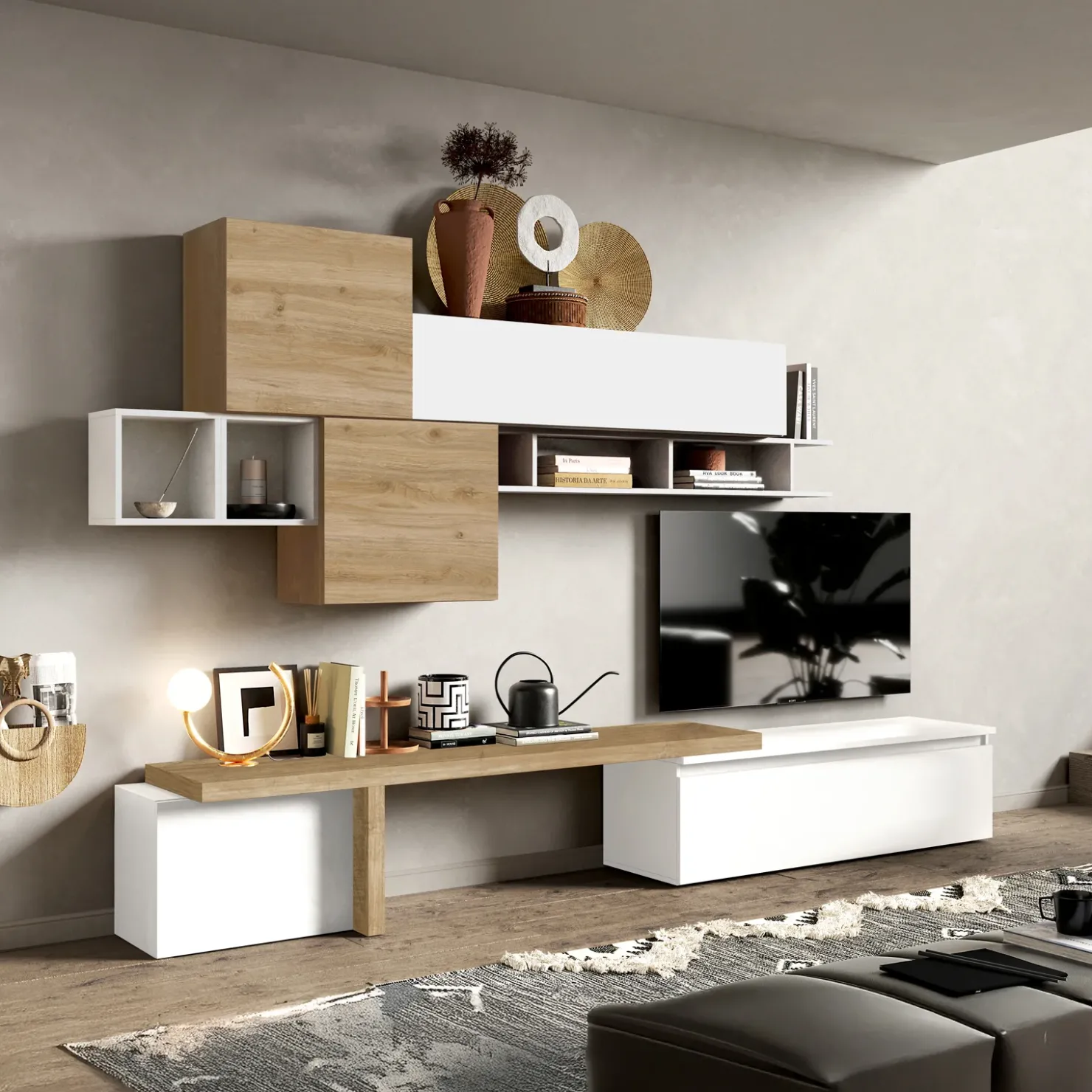 Garnero Arredamenti Parete attrezzata 330x195h cm bianco lucido rovere chiaro Sunset 28 Rovere - Bianco Lucido Online