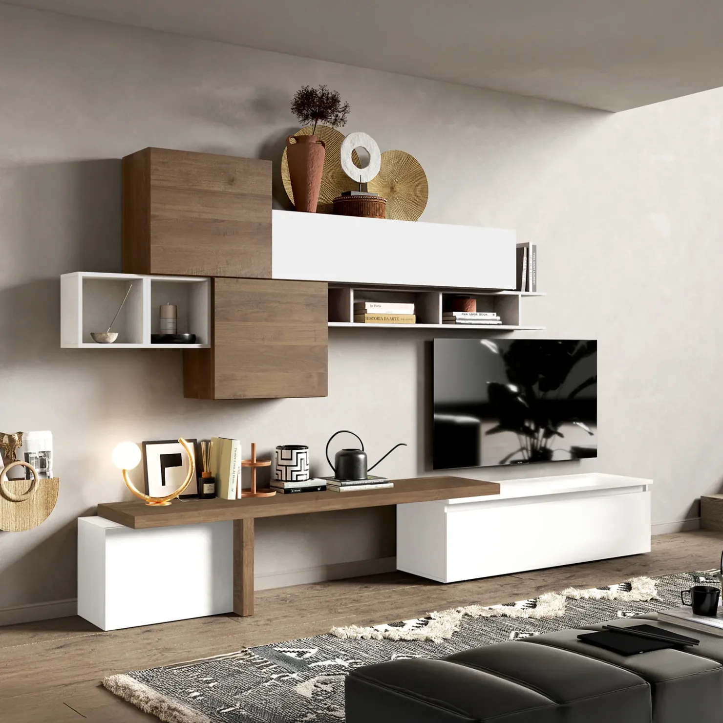 Garnero Arredamenti Parete attrezzata 330x210h cm bianco lucido rovere scuro Sunset 28 Noce - Bianco Lucido Best