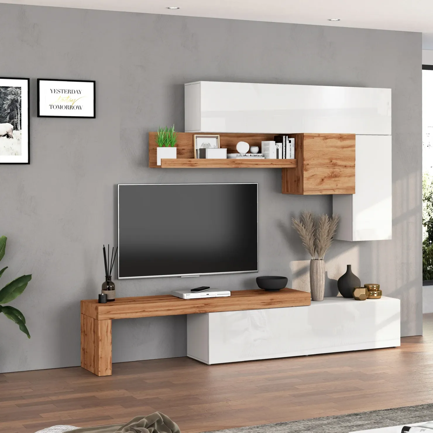 Garnero Arredamenti Parete attrezzata 270x200h cm bianco lucido rovere Block 2 Bianco Lucido - Rovere Discount