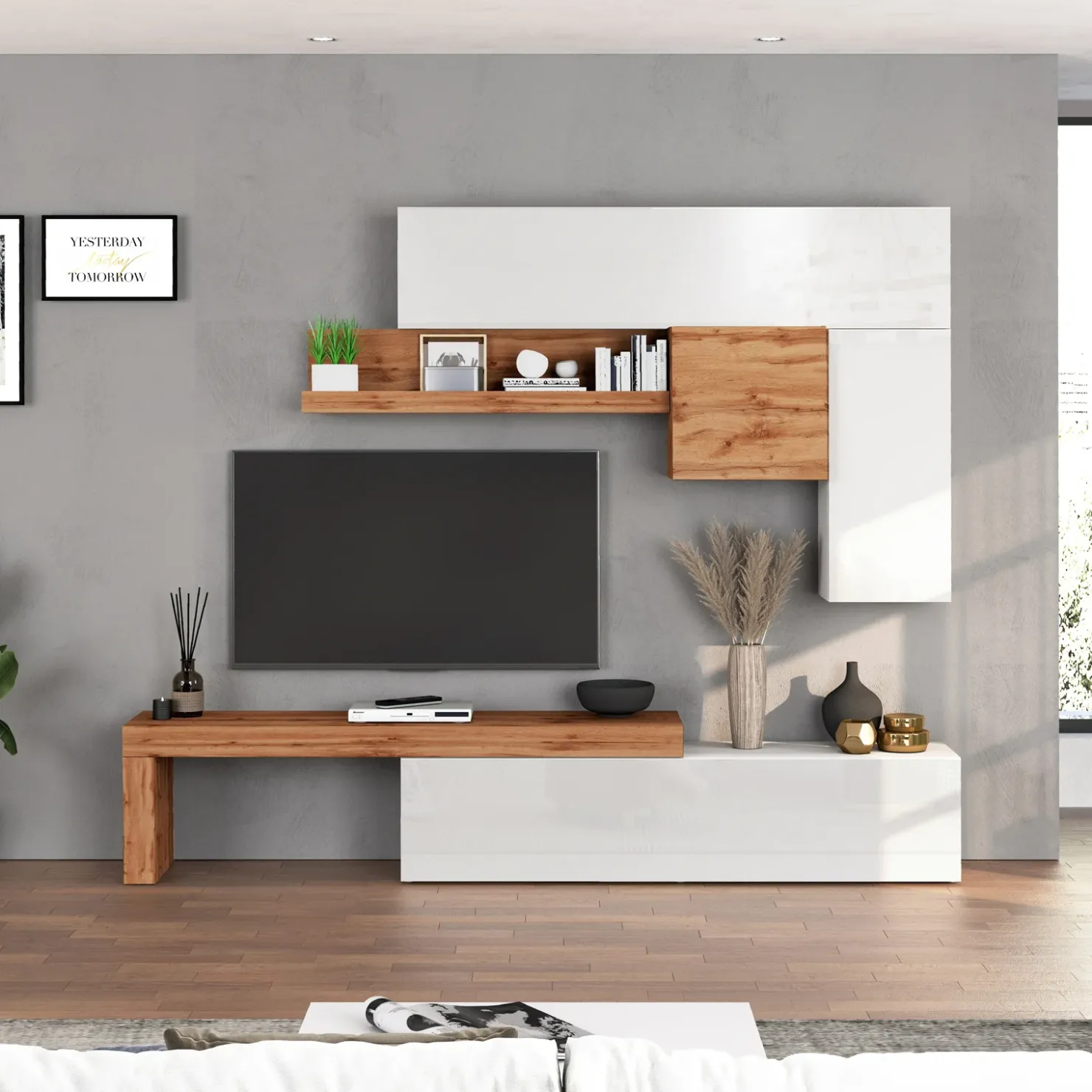 Garnero Arredamenti Parete attrezzata 270x200h cm bianco lucido rovere Block 2 Bianco Lucido - Rovere Discount