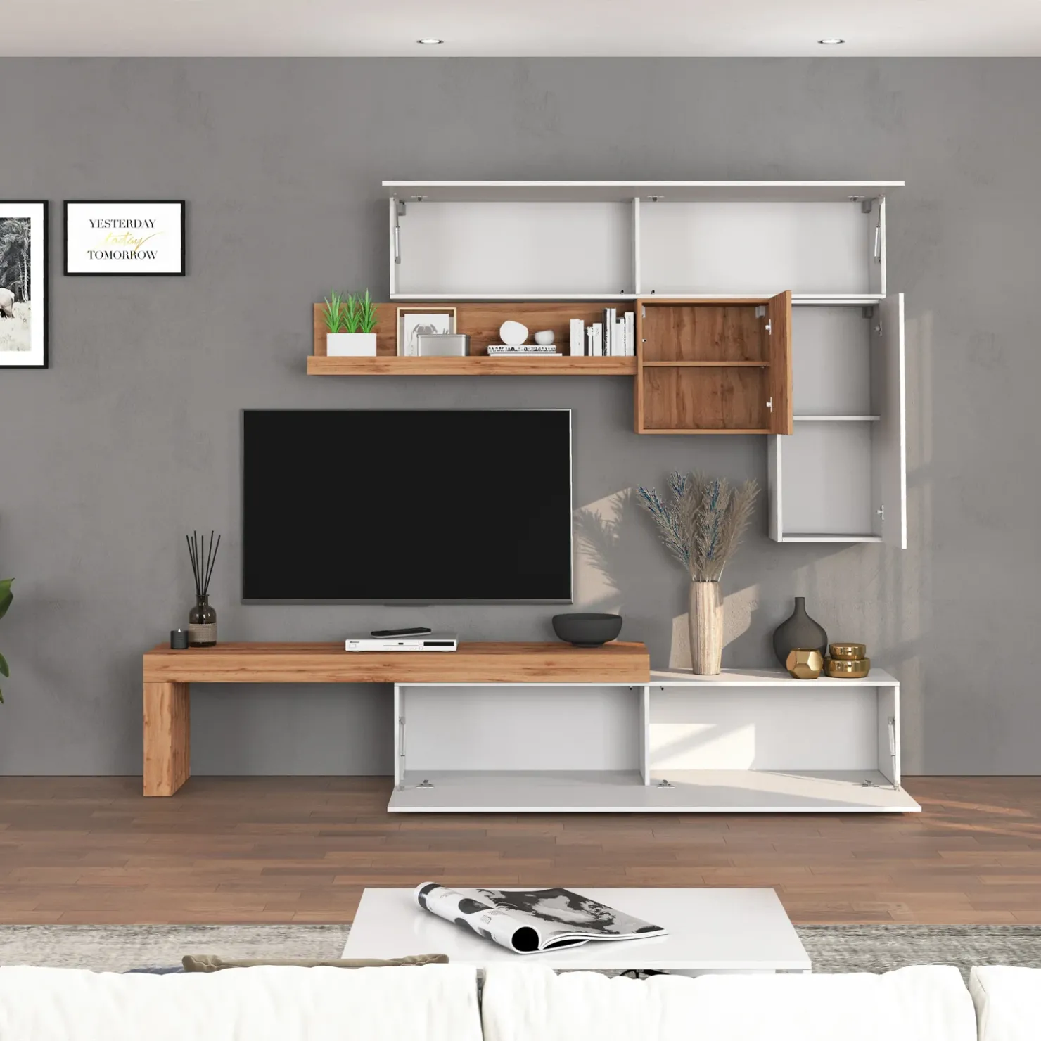 Garnero Arredamenti Parete attrezzata 270x200h cm bianco lucido rovere Block 2 Bianco Lucido - Rovere Discount