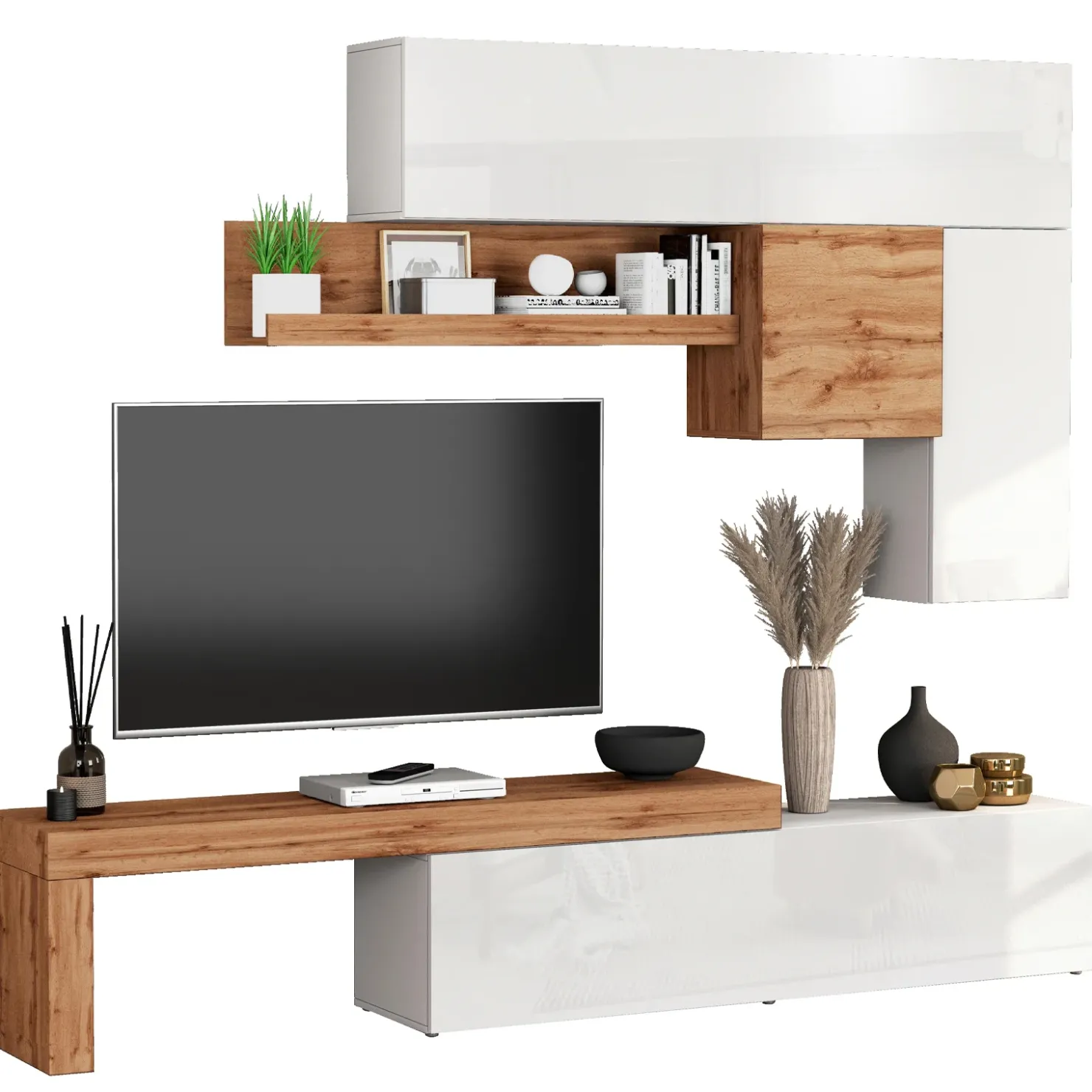 Garnero Arredamenti Parete attrezzata 270x200h cm bianco lucido rovere Block 2 Bianco Lucido - Rovere Discount