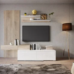 Garnero Arredamenti Parete attrezzata 205x200h cm bianco lucido con pannello cannettato rovere Rovella Sale