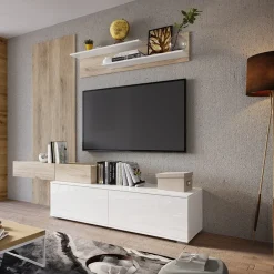 Garnero Arredamenti Parete attrezzata 205x200h cm bianco lucido con pannello cannettato rovere Rovella Sale