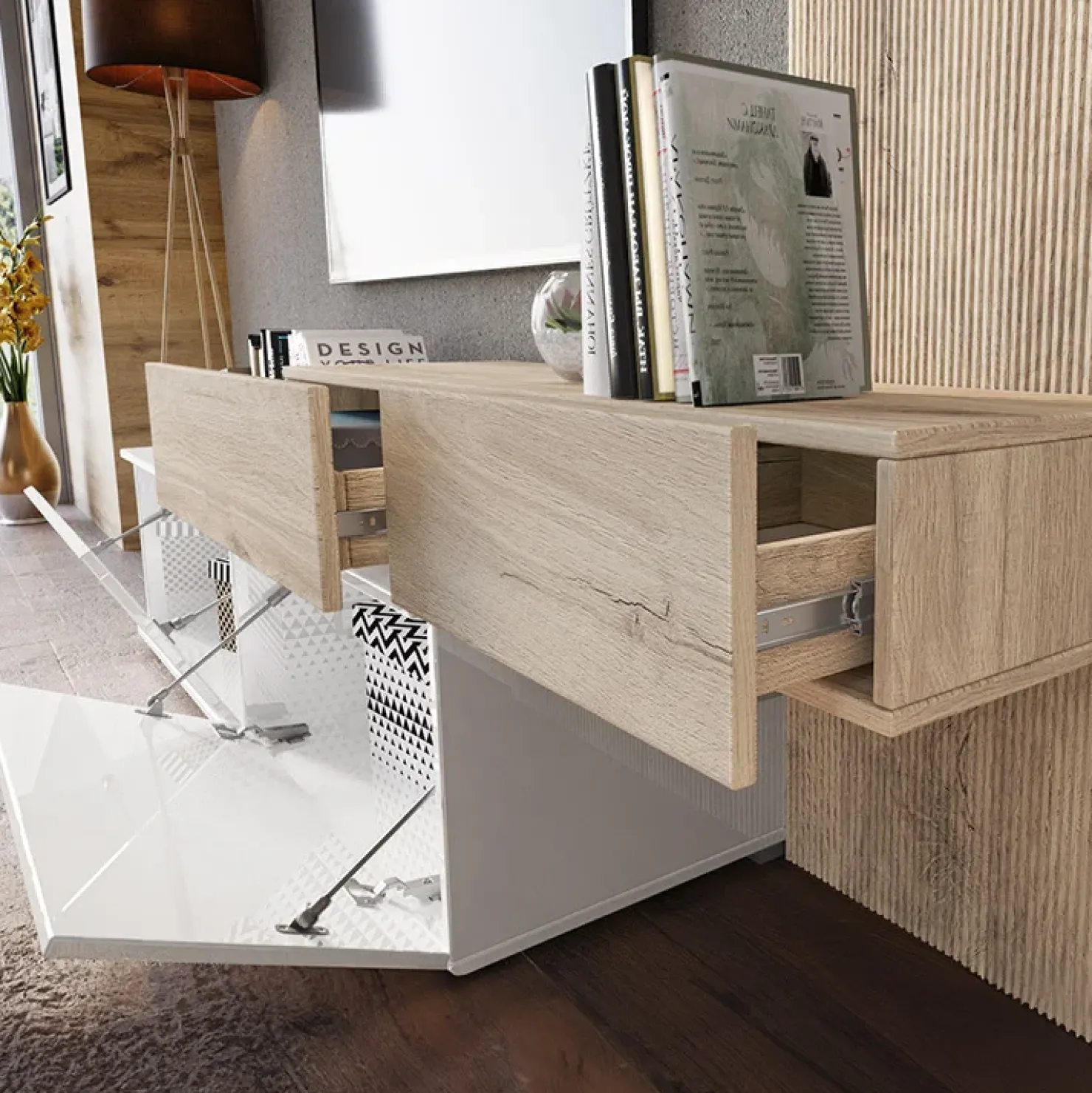 Garnero Arredamenti Parete attrezzata 205x200h cm bianco lucido con pannello cannettato rovere Rovella Sale