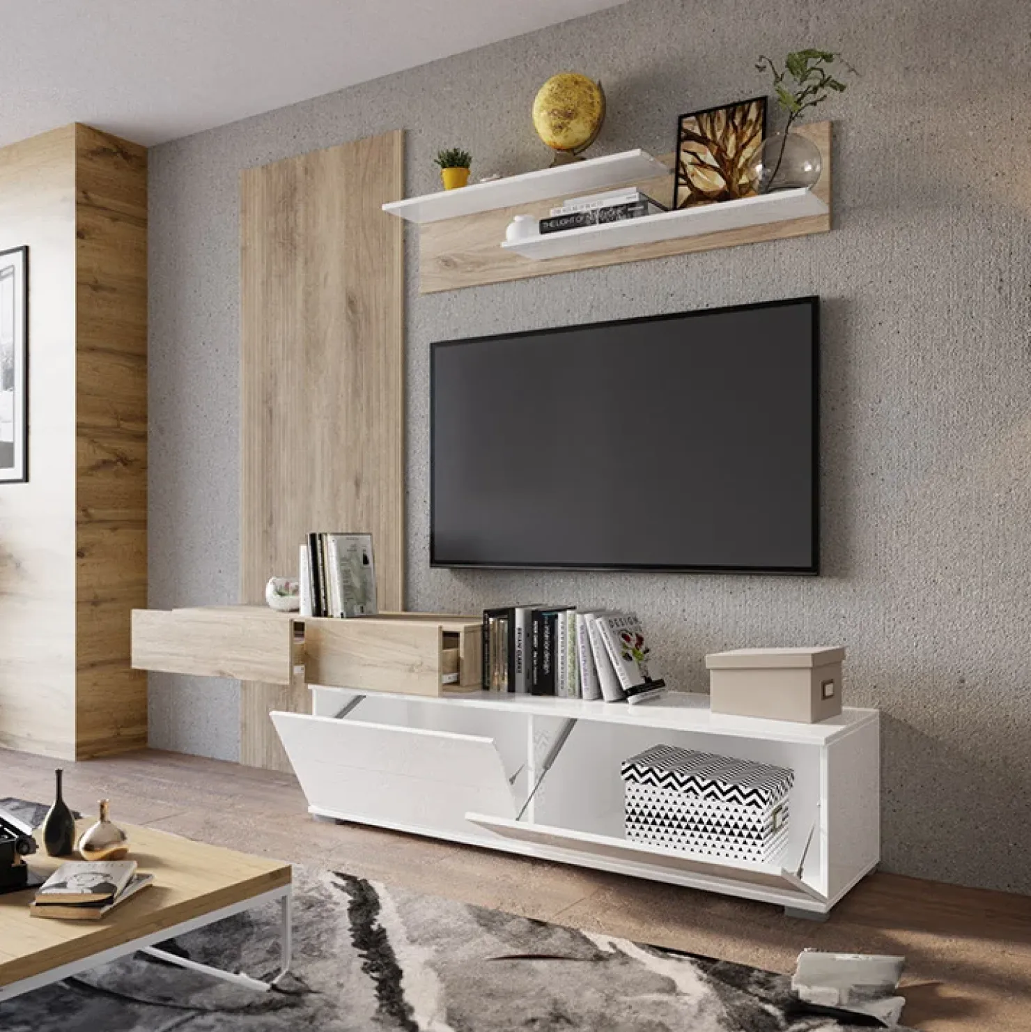 Garnero Arredamenti Parete attrezzata 205x200h cm bianco lucido con pannello cannettato rovere Rovella Sale