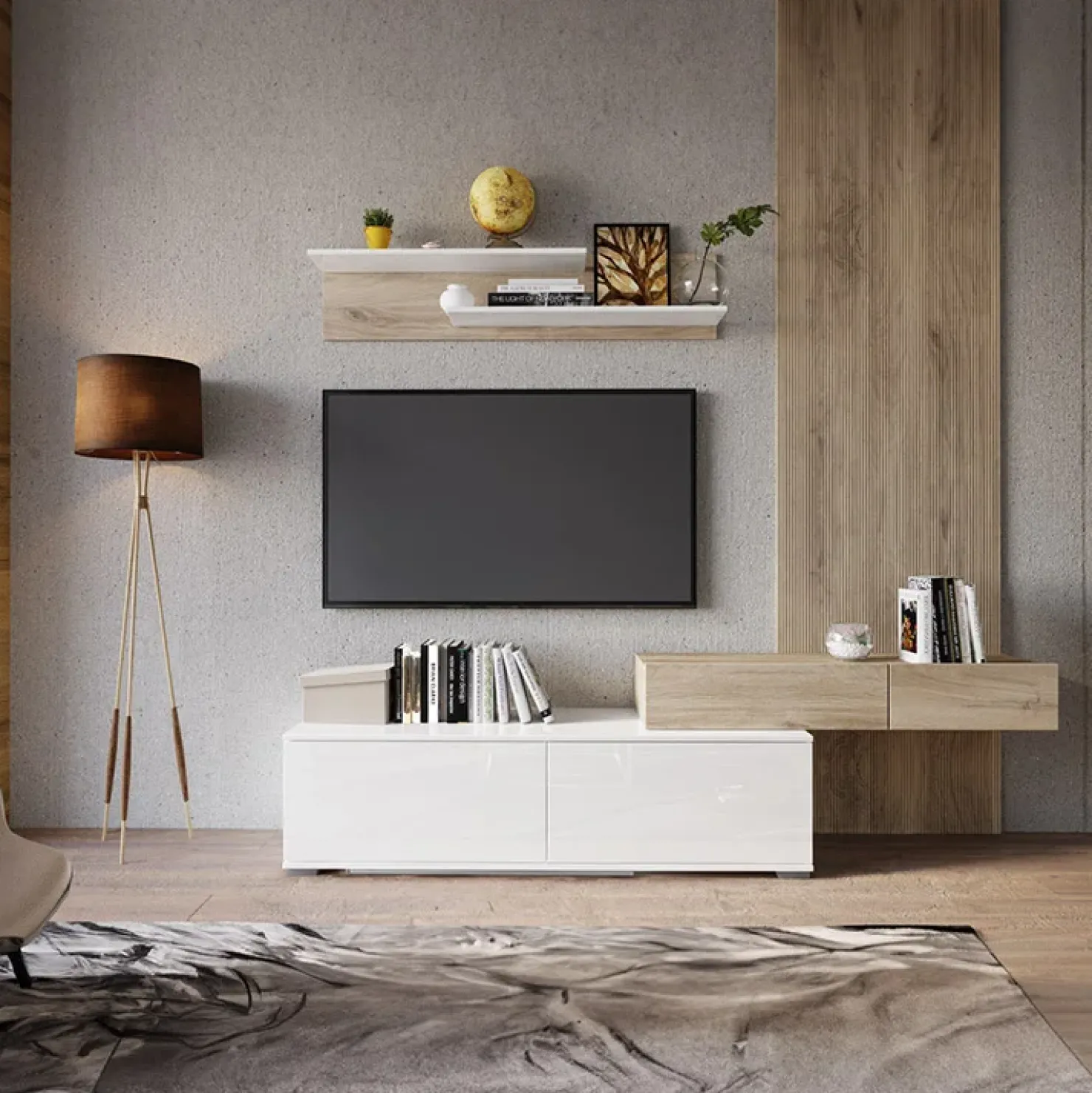 Garnero Arredamenti Parete attrezzata 205x200h cm bianco lucido con pannello cannettato rovere Rovella Sale