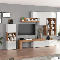 Garnero Arredamenti Parete attrezzata 350x200h cm bianco lucido rovere Block 3 Bianco Lucido - Rovere Clearance