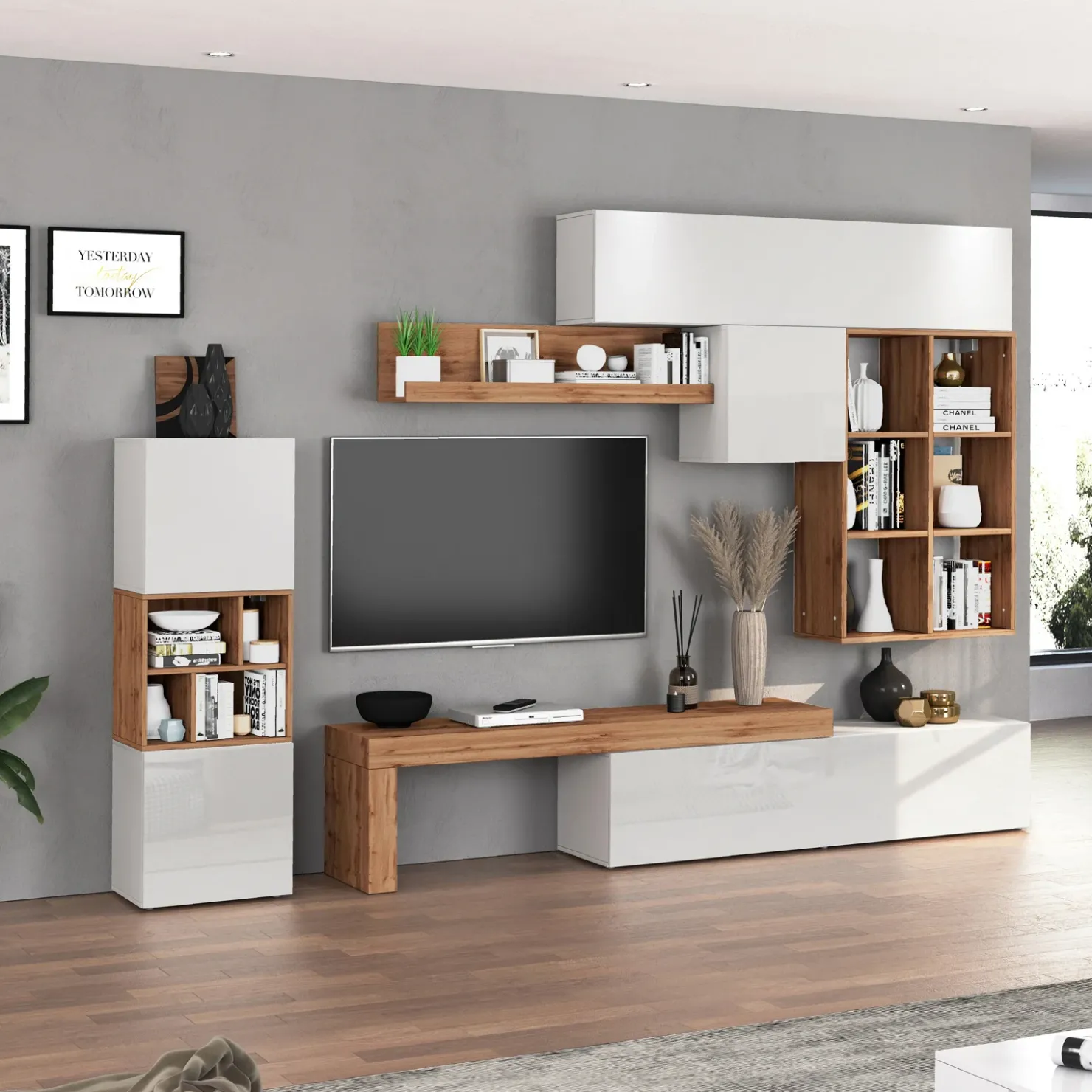 Garnero Arredamenti Parete attrezzata 350x200h cm bianco lucido rovere Block 3 Bianco Lucido - Rovere Clearance