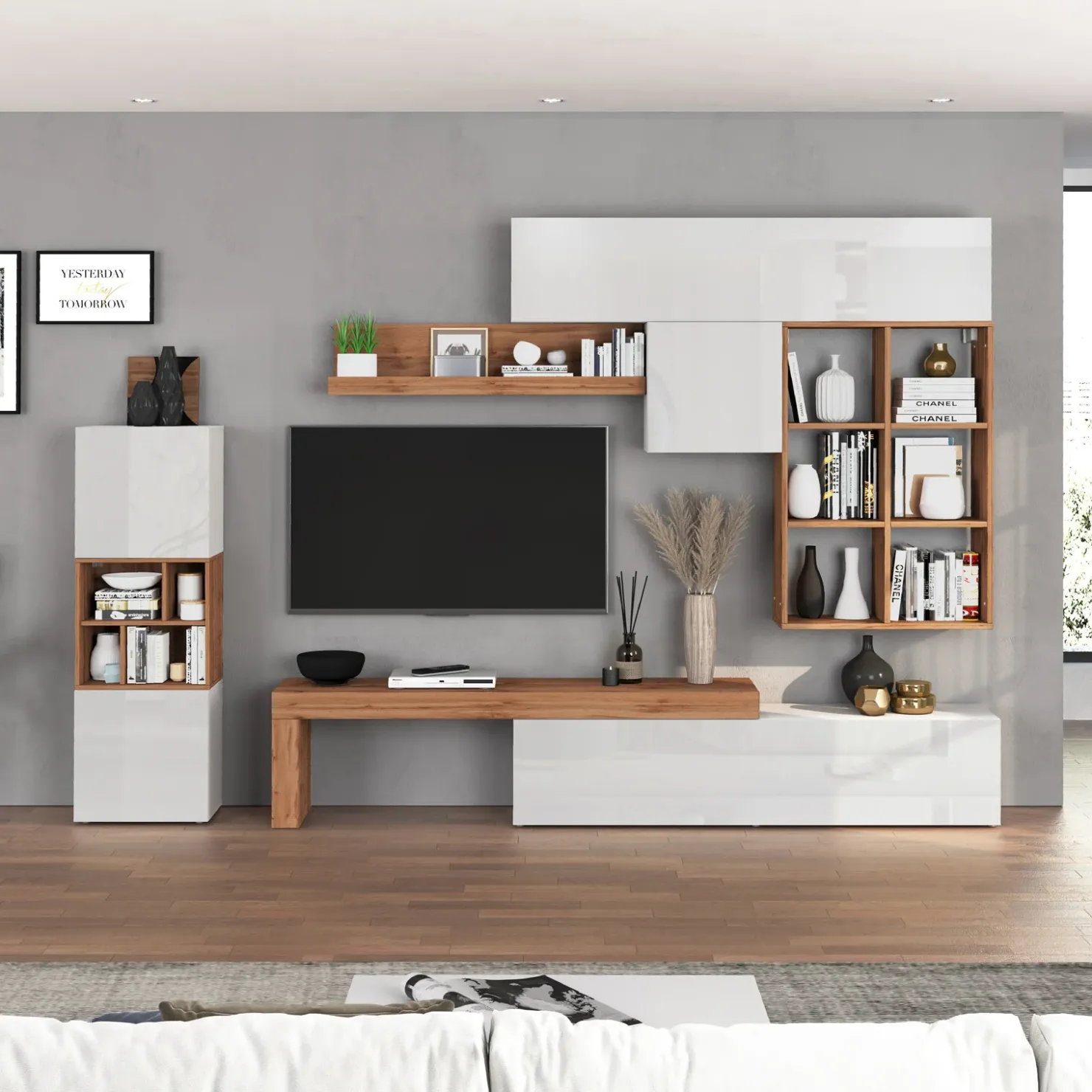 Garnero Arredamenti Parete attrezzata 350x200h cm bianco lucido rovere Block 3 Bianco Lucido - Rovere Clearance