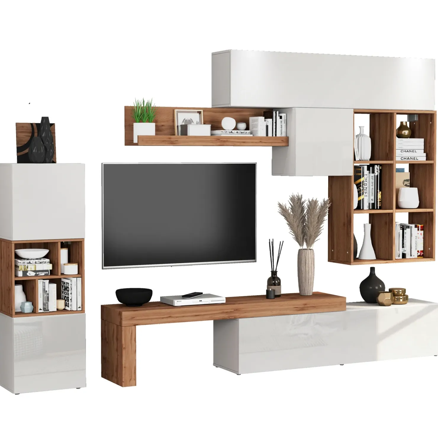 Garnero Arredamenti Parete attrezzata 350x200h cm bianco lucido rovere Block 3 Bianco Lucido - Rovere Clearance