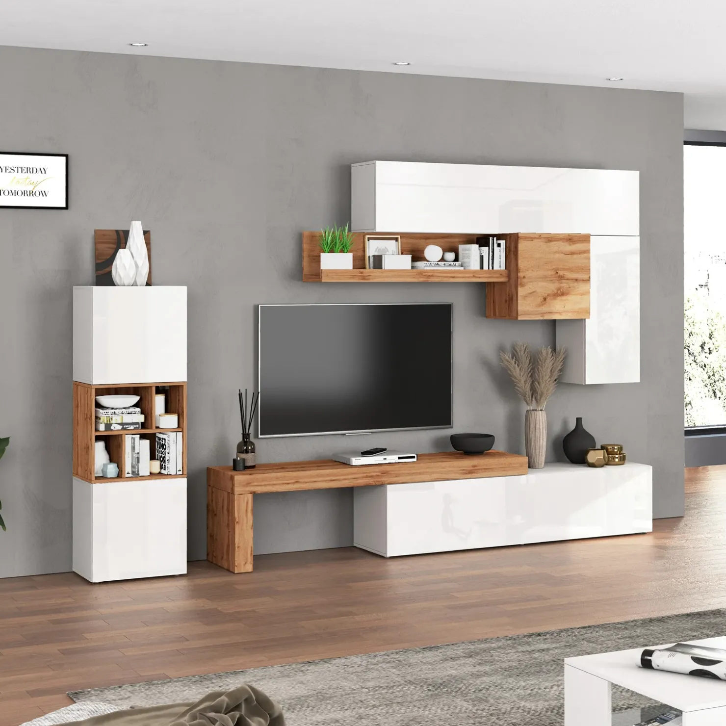 Garnero Arredamenti Parete attrezzata 350x200h cm bianco lucido rovere Block 1 Bianco Lucido - Rovere New