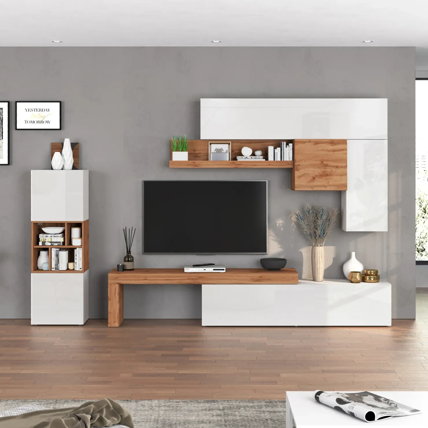 Garnero Arredamenti Parete attrezzata 350x200h cm bianco lucido rovere Block 1 Bianco Lucido - Rovere New