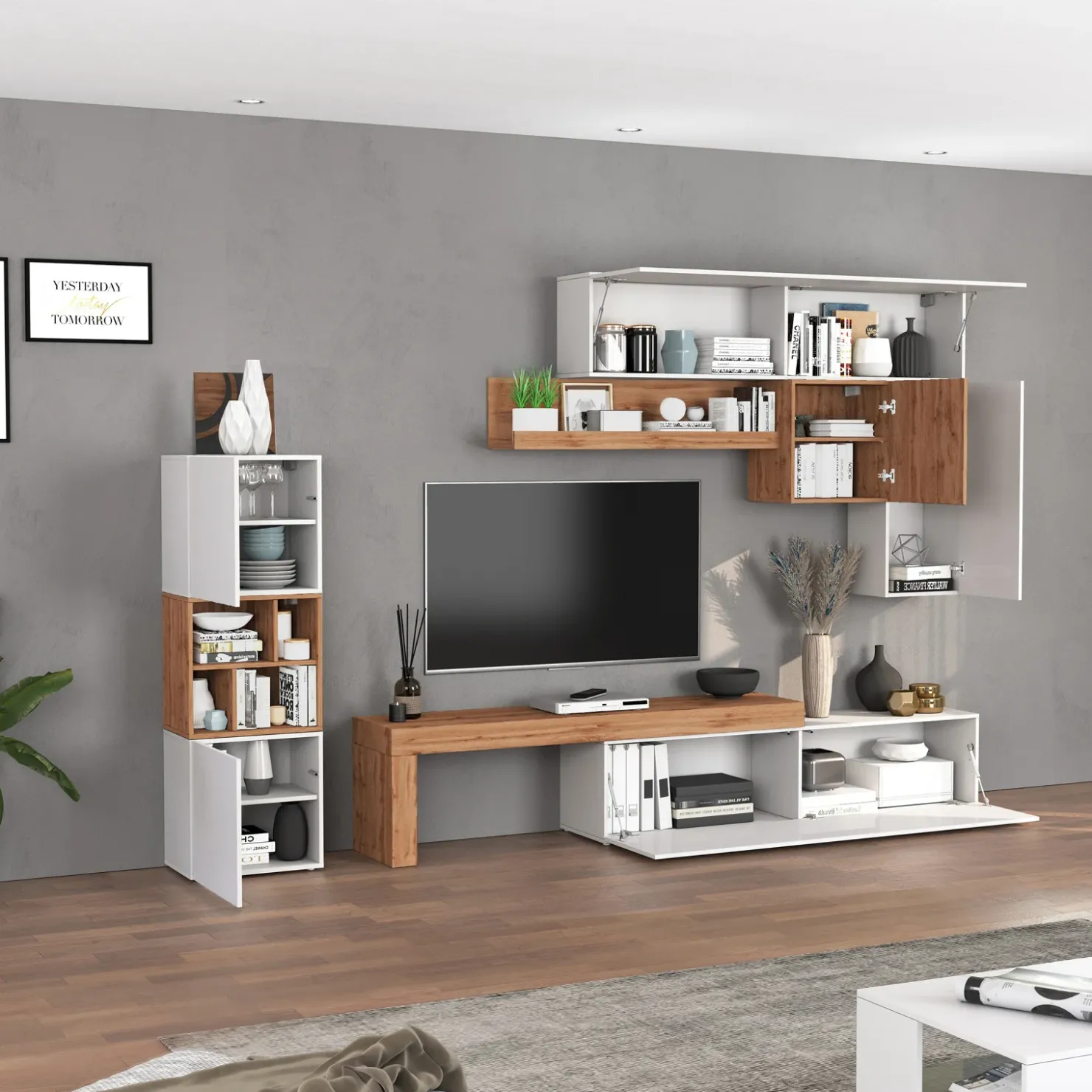 Garnero Arredamenti Parete attrezzata 350x200h cm bianco lucido rovere Block 1 Bianco Lucido - Rovere New