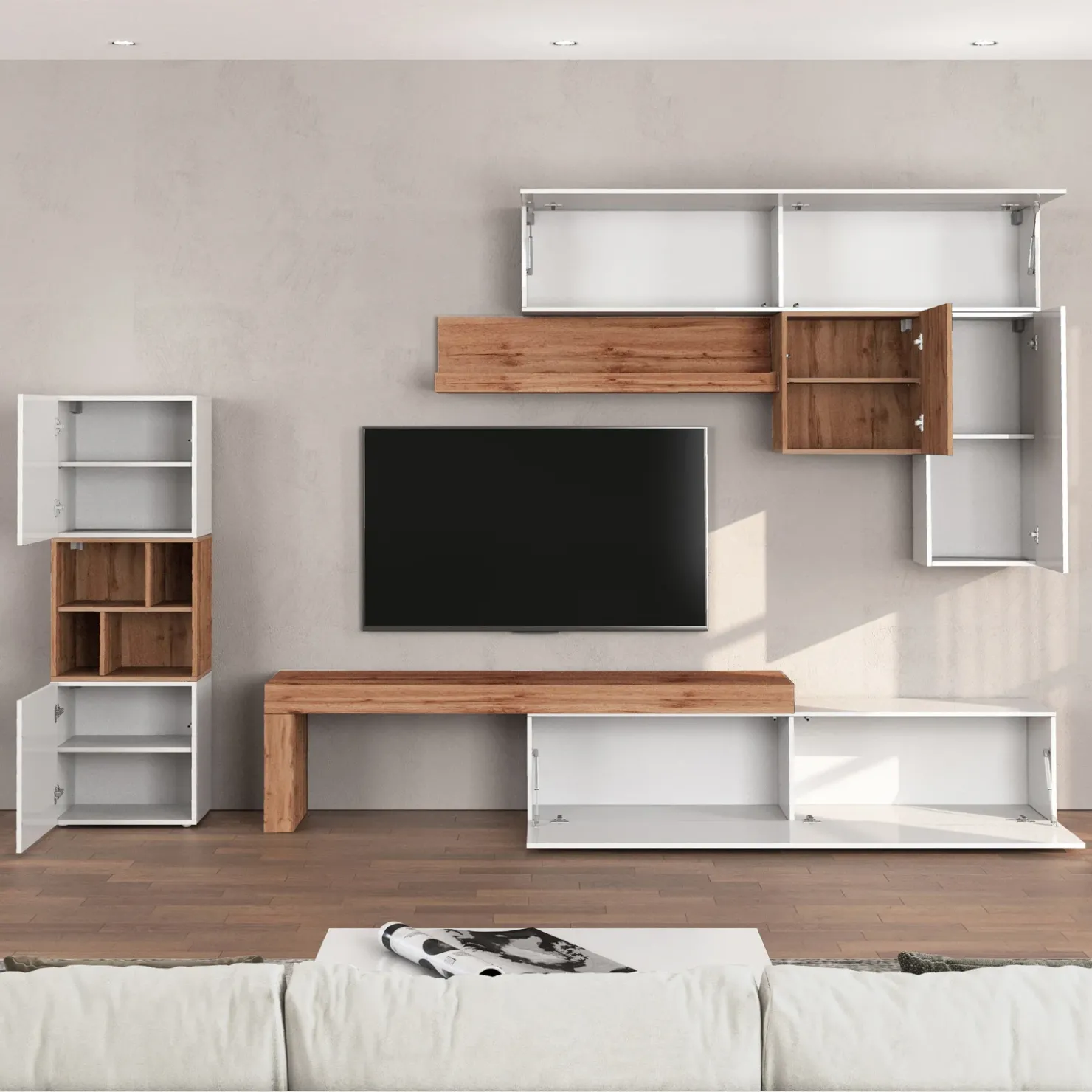 Garnero Arredamenti Parete attrezzata 350x200h cm bianco lucido rovere Block 1 Bianco Lucido - Rovere New