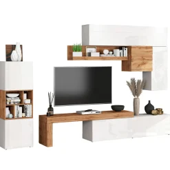 Garnero Arredamenti Parete attrezzata 350x200h cm bianco lucido rovere Block 1 Bianco Lucido - Rovere New