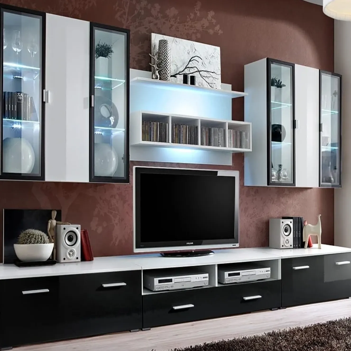 Garnero Arredamenti Parete attrezzata 300x190h cm bianco nero lucido Corfù Gihome® Nero Lucido - Bianco Lucido Clearance