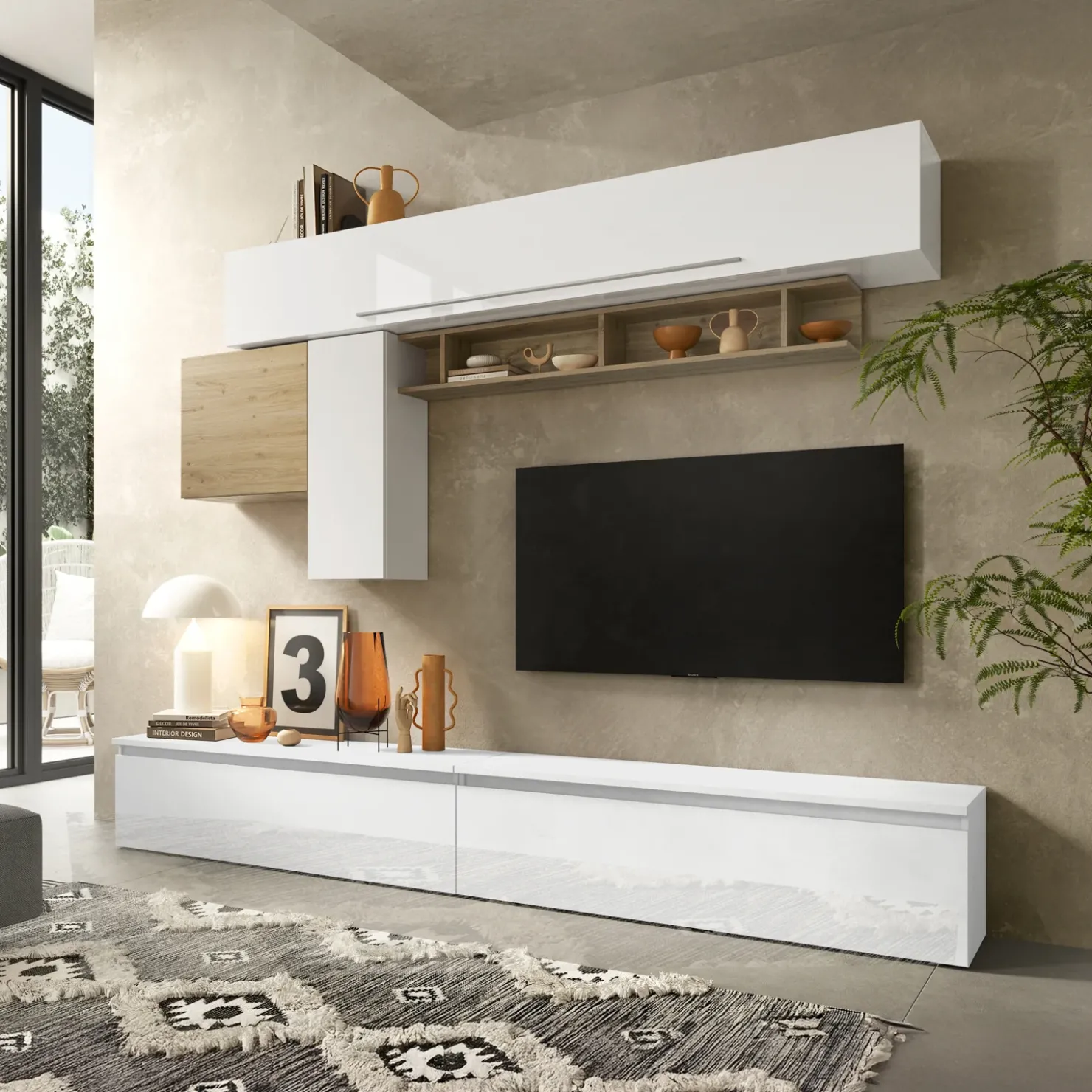 Garnero Arredamenti Parete attrezzata 276x187h cm bianco lucido rovere chiaro Sunset 17 Rovere - Bianco Lucido Discount